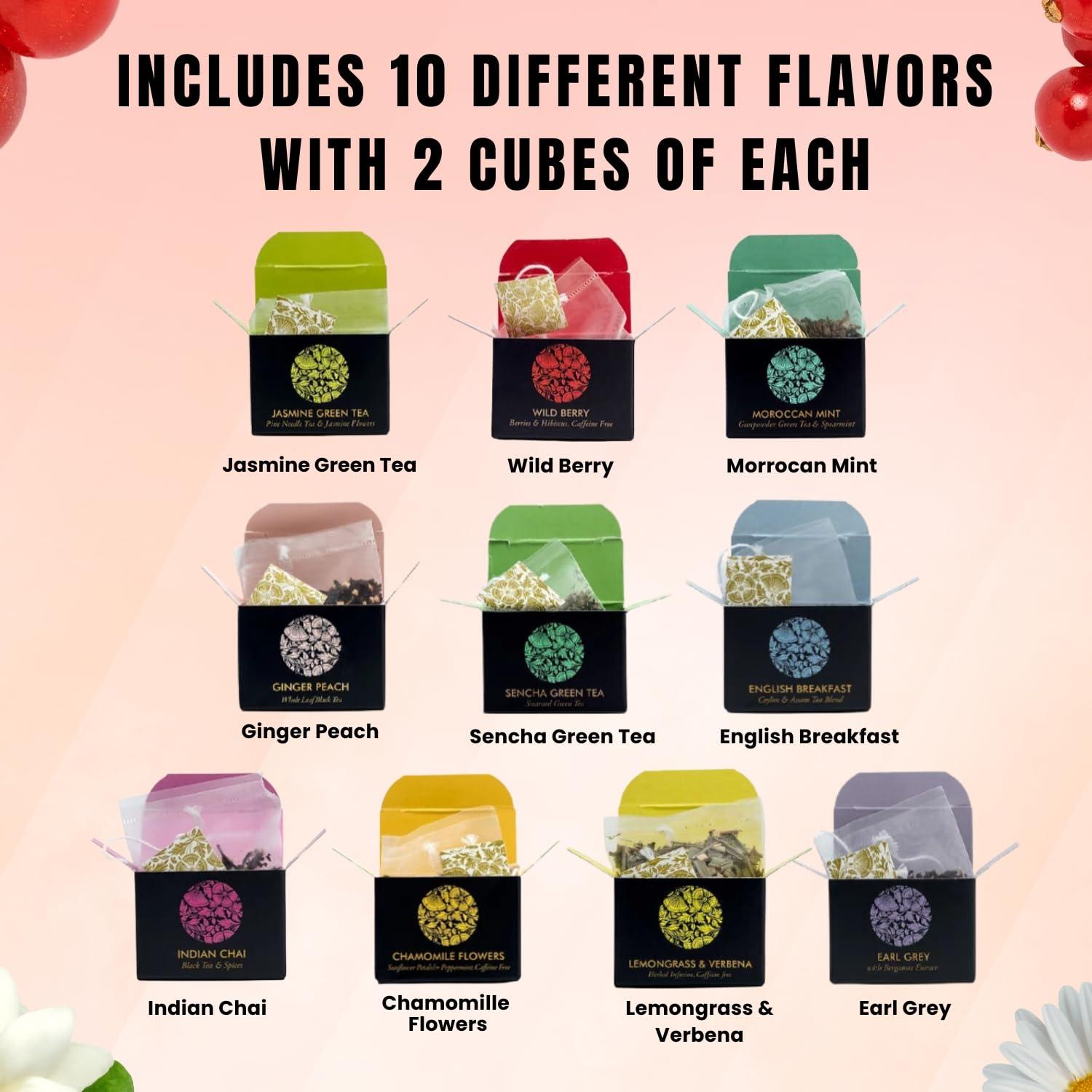 CÉRÉMONIE TEA BLENDS & HERBAL INFUSIONS Ceremonie Tea Gourmet Variety Sampler Pack - A Collection of 10 Assorted Single Serve Flavors - 20 Petite Mini Cubes with 2 Cubes of each Flavor - Ideal Gift for Tea Lovers
