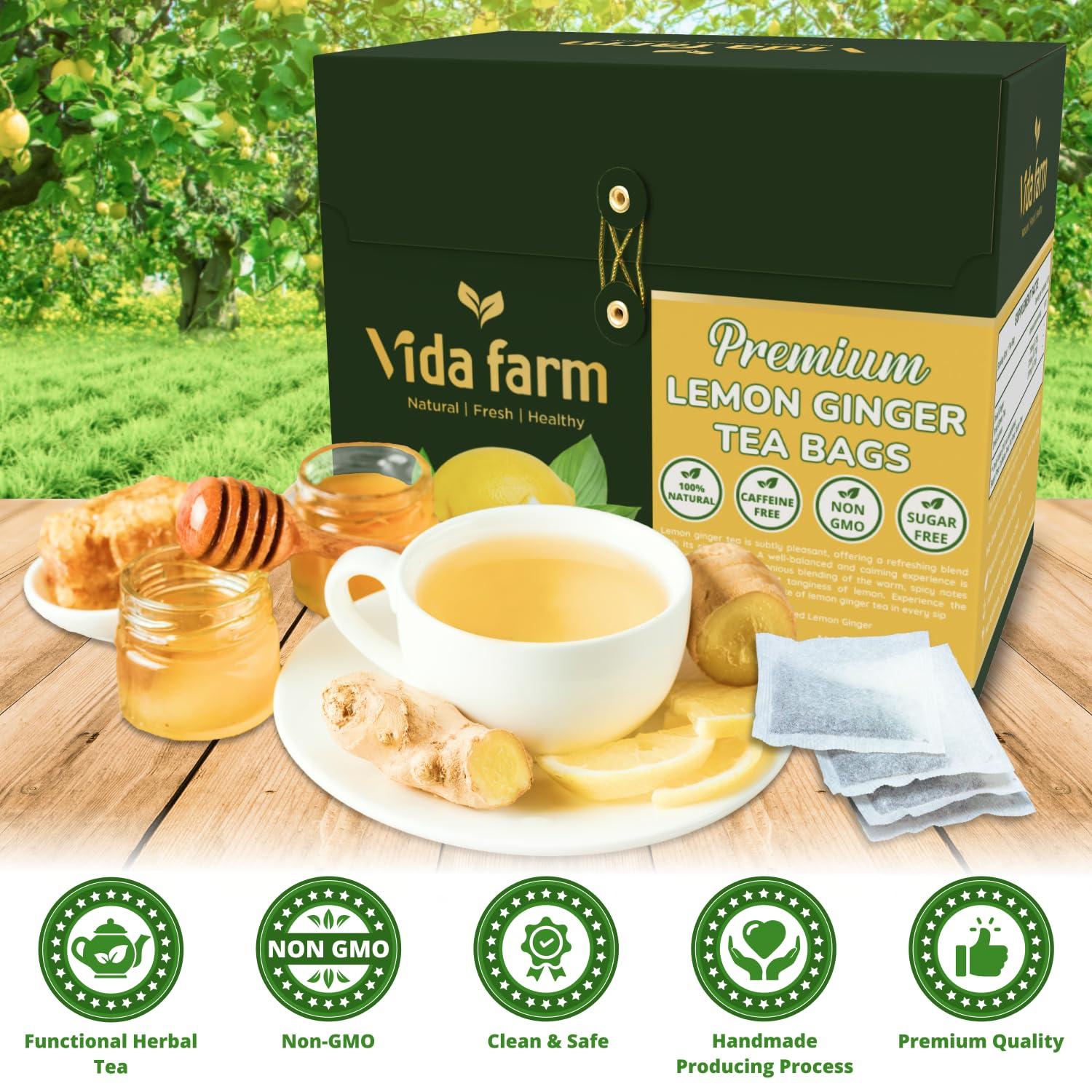 VIDA FARM VIDA FARM 100 Lemon Ginger Tea Bags, 100% Natural Ingredients - Warming & Spicy Blend, Caffeine Free, Sugar Free, Non-GMO, Lemon & Ginger Herbal Tea Beverage