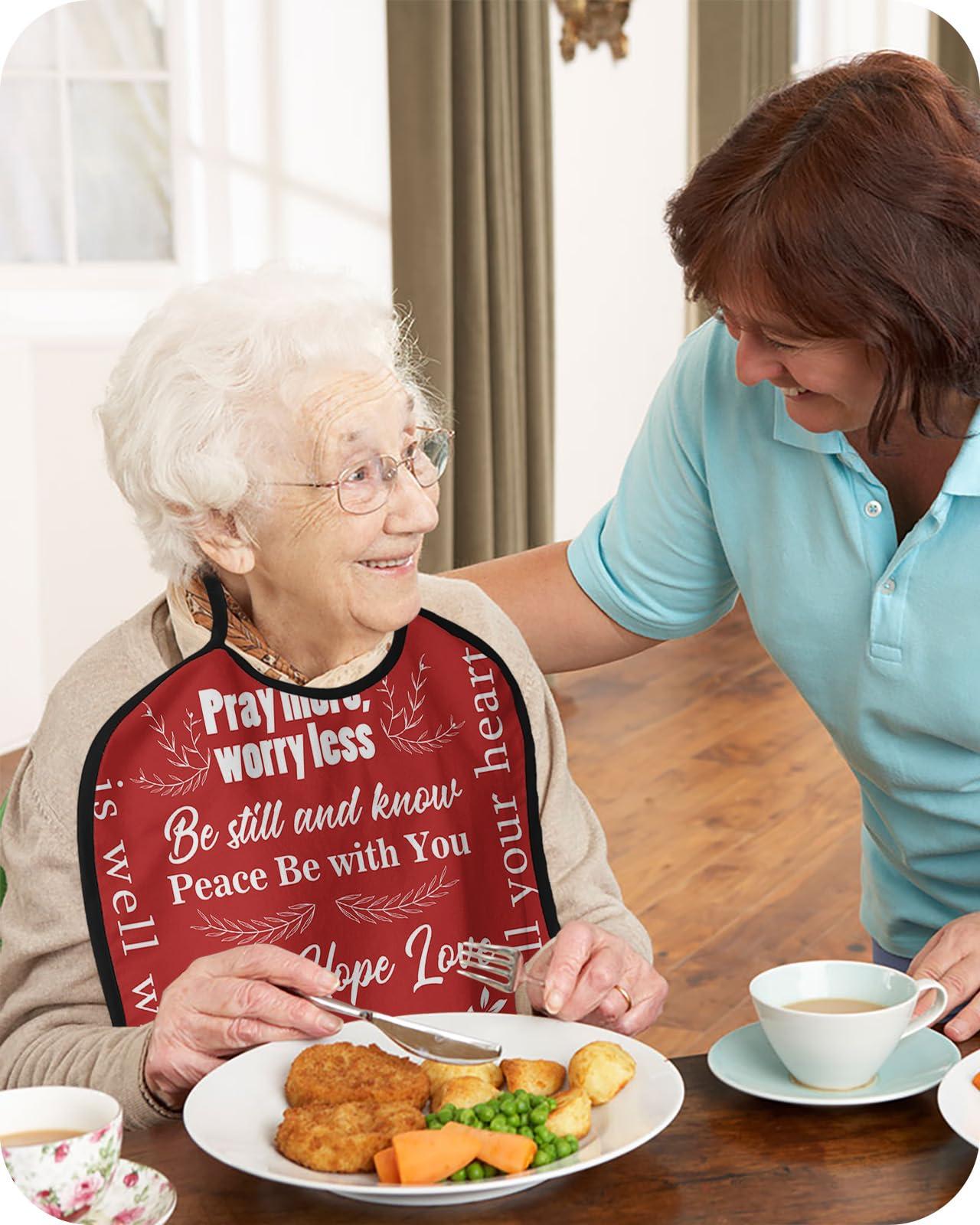 QueenKer Adult Bibs for Eating, Pray More, Worry Less Touching Quotes Red Background Waterproof Clothing Protector Washable Adult Bib with Crumb Catcher for Elderly Men and Women Seniors