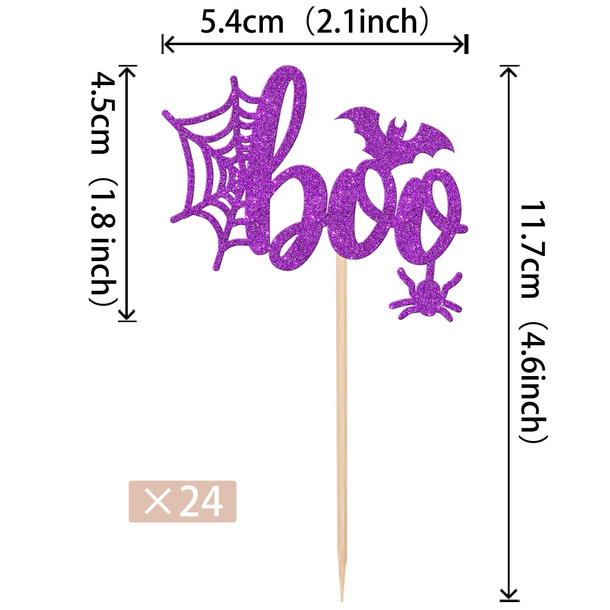 ZHUOWEISM 24 PCS Halloween Boo Cupcake Toppers Glitter Spider Web Bat Cupcake Picks for Halloween Boo Theme Baby Shower Birthday Party Cake Decorations Supplies Purple