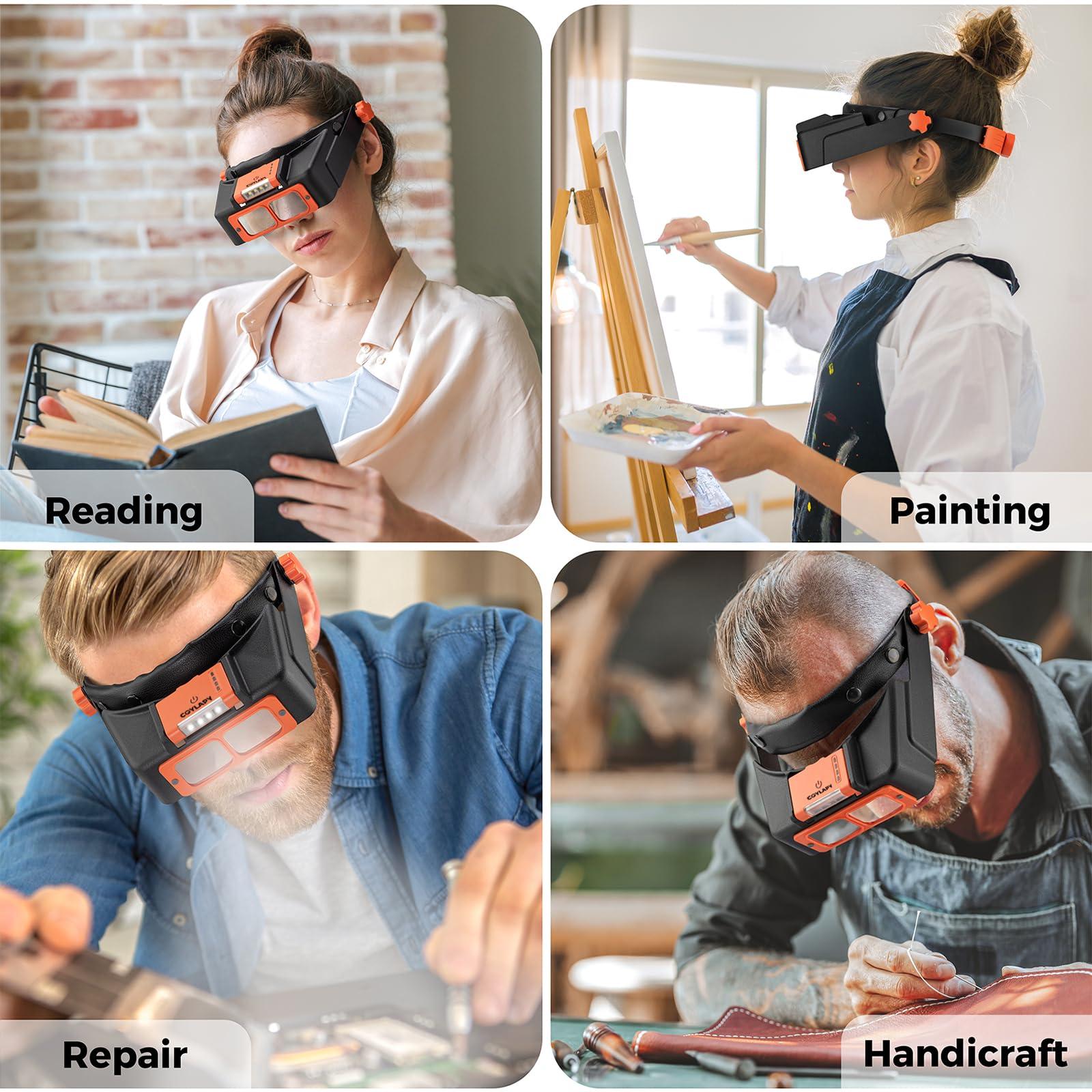 COYLAPY Headband Magnifier with Light, Rechargeable Magnifying Glasses for Close Work, 1.5X - 3.5X Magnifying Headset with 4 Lenses, Jewelers Magnifying Glass Loupe Visor for Reading,Crafts, Hobby
