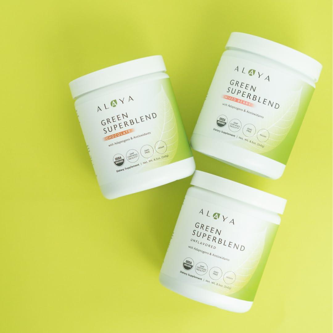 Alaya Naturals Alaya Organic Super Greens Powder - Premium Green Juice Superfood Supplement Powder - Adaptogens, Antioxidants & Probiotics Blend - USDA Organic, Non-GMO, Vegan - 30 Servings (Mixed Berry)