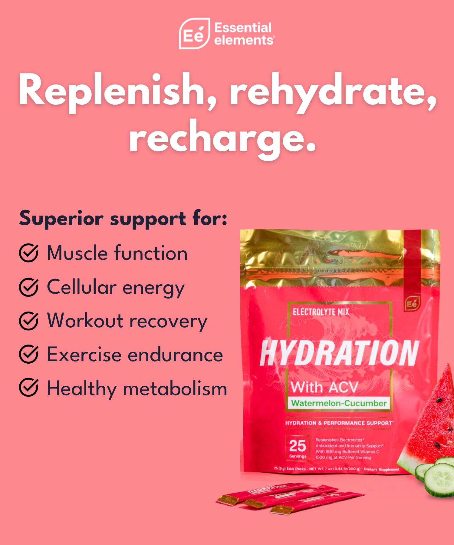Essential Elements Essential Elements Hydration Packets - Watermelon Cucumber Pack - Sugar Free Electrolytes Powder Packets - 50 Stick Packs of Electrolytes Powder No Sugar - Hydration Drink - with ACV & Vitamin C