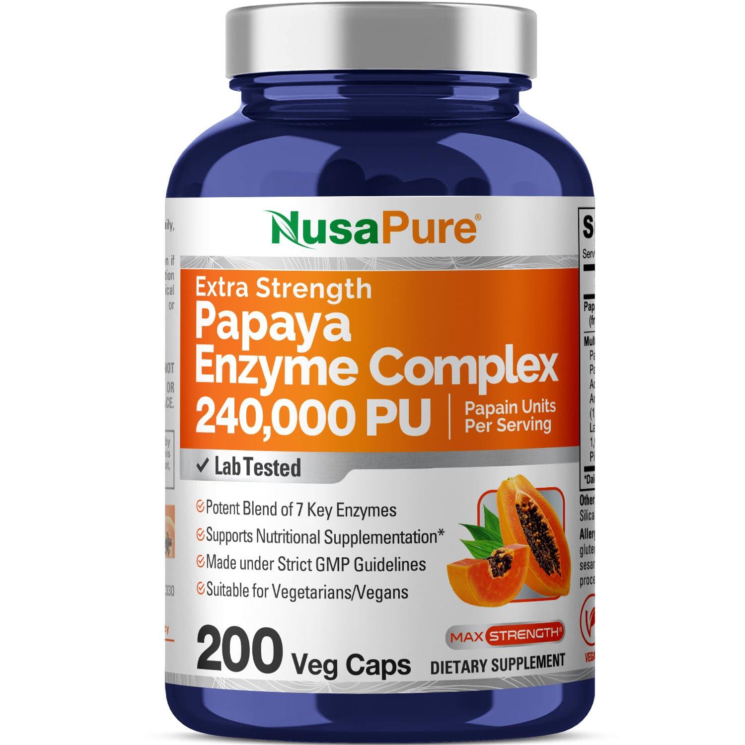 NusaPure NusaPure Papaya Papain Enzyme Complex 240,000 PU - 200 Veggie Caps - 100% Vegetarian, Non-GMO