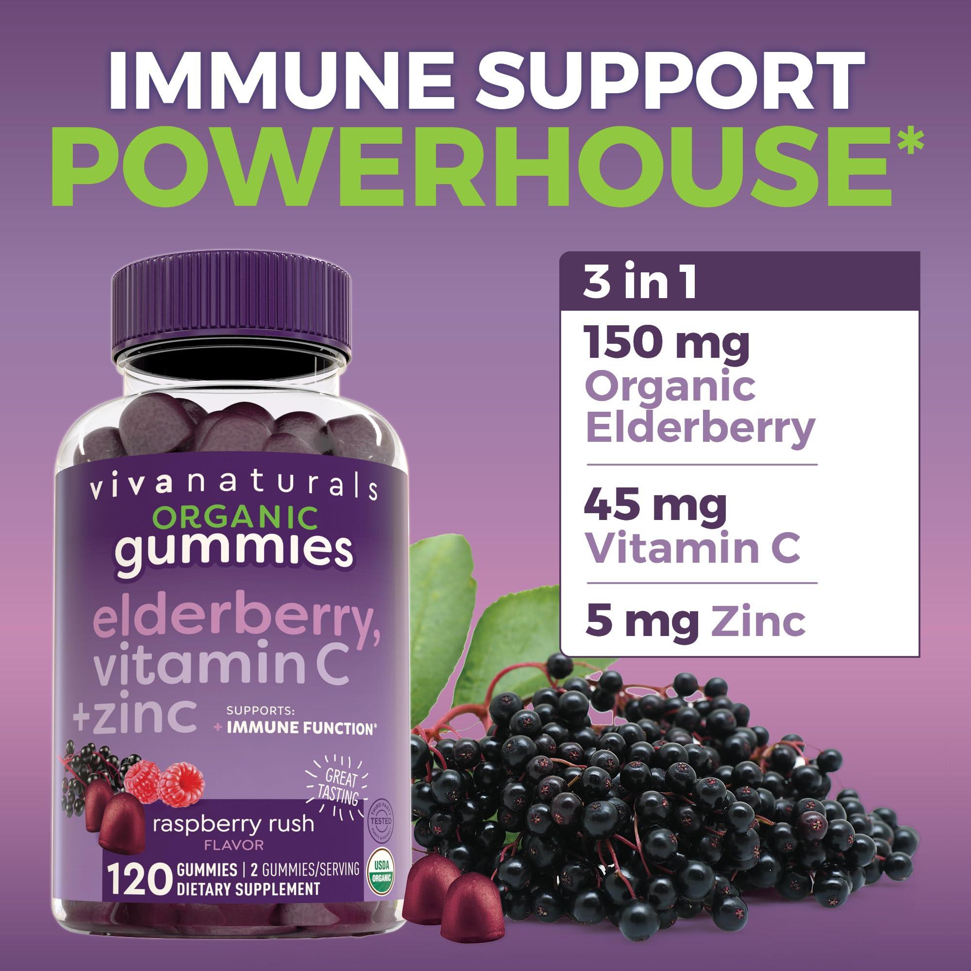 Viva Naturals Organic Sambucus Elderberry Gummies with Zinc and Vitamin C (120 Count) - 3 in 1 Black Elderberry Gummies for Adults Immune Support, Chewable Elderberry Supplements, Immunity Gummies