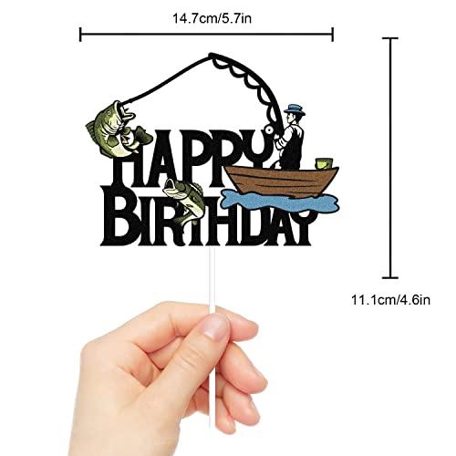 Caiwowo Gone Fishing Happy Birthday Cake Topper - Happy Retirement 50th 60th Birthday Party Glitter Cake Topper For Men - Happy Father's Day Fishing Themed Party Decorations