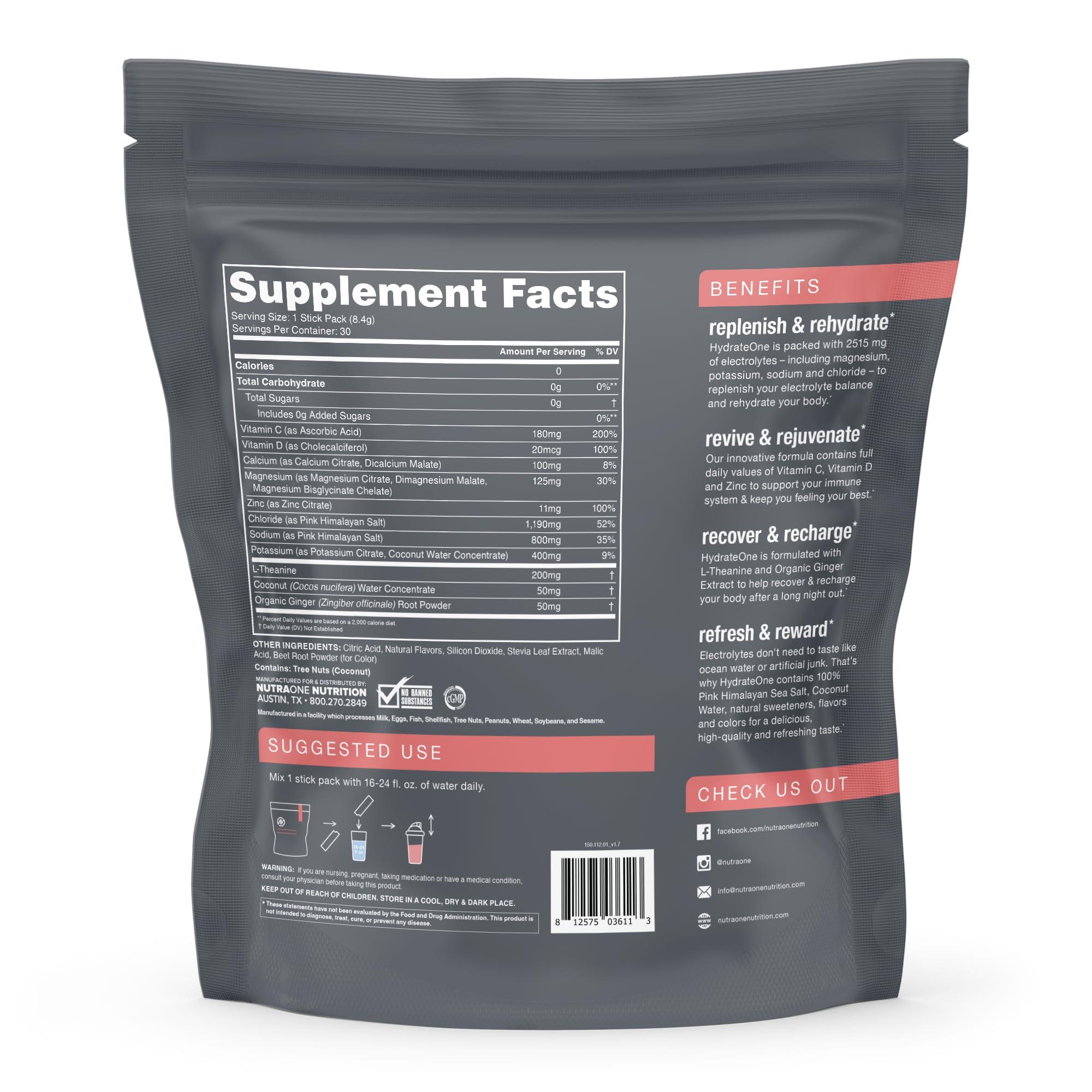 NutraOne HydrateOne, Electrolyte Drink Mix On-The-Go | Watermelon, 30 Servings