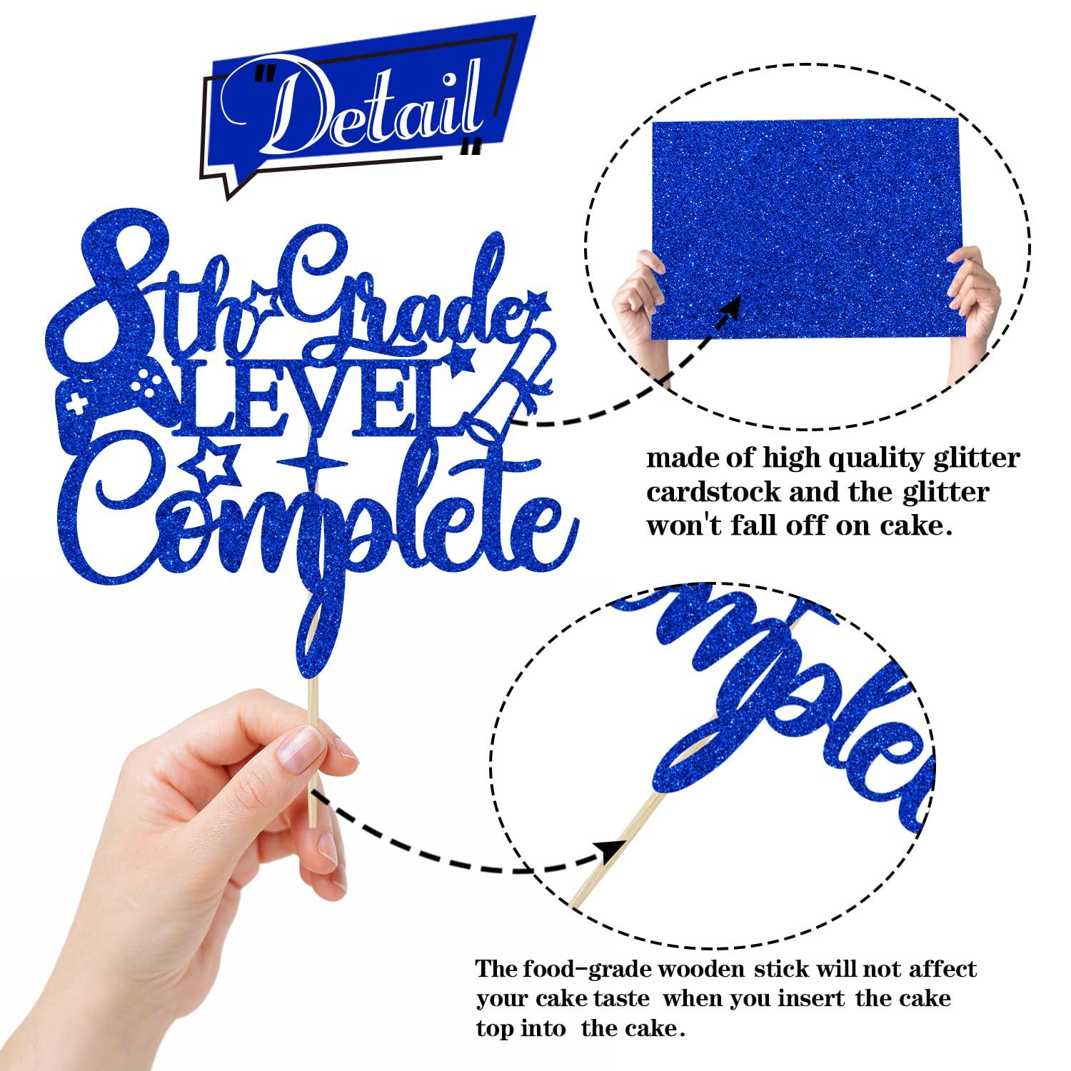 RLXPT 8th Grade Grad Cake Topper, Next Stop High School, Out Middle School Cake Decorations, 2024 Graduation Party Decorations Blue Glitter