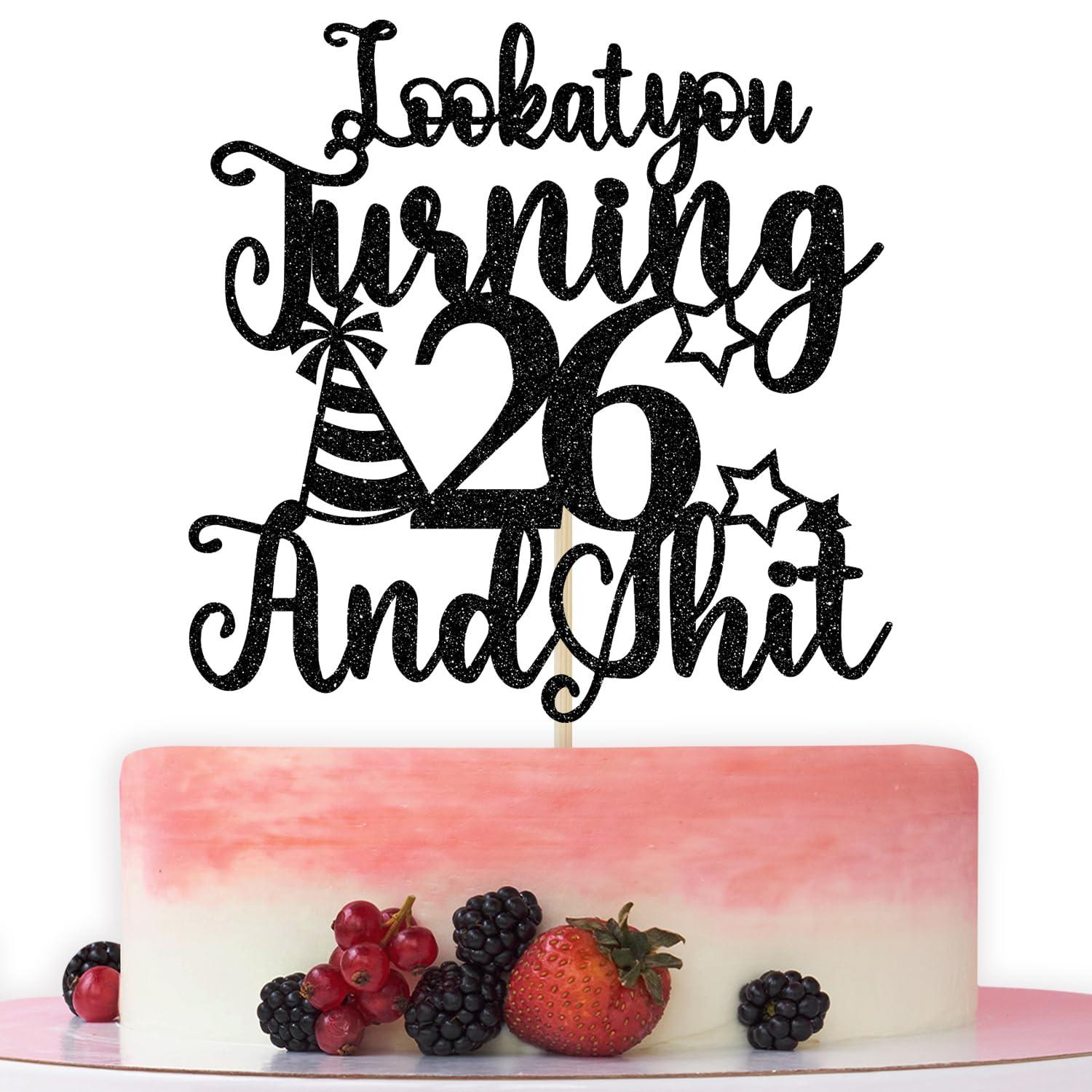 Bytorjar Happy 26th Birthday Cake Topper, 26th Birthday Cake Decor, Cheers to 26 Years, Hello 26, Funny 26th Birthday Party Decorations, Black Glitter