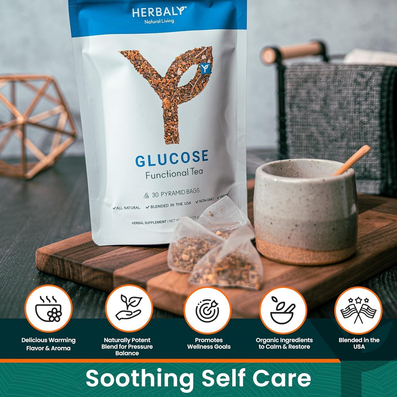 Herbaly Herbaly Glucose Functional Tea - Vitality & Wellness - Gymnema Sylvestre, Ceylon Cinnamon, Bitter Melon, Dandelion Root, Fenugreek - Daily Teas - Organic Plant-Based Tea Bag Pyramids - 30 ct