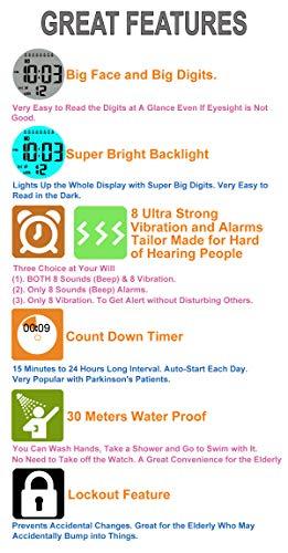 T TICCI TICCI Men 8 Vibrating Alarms Watch Medication Aids Vibra Pill Alert Reminder for Elderly Seniors Big Digits Waterproof (Black)