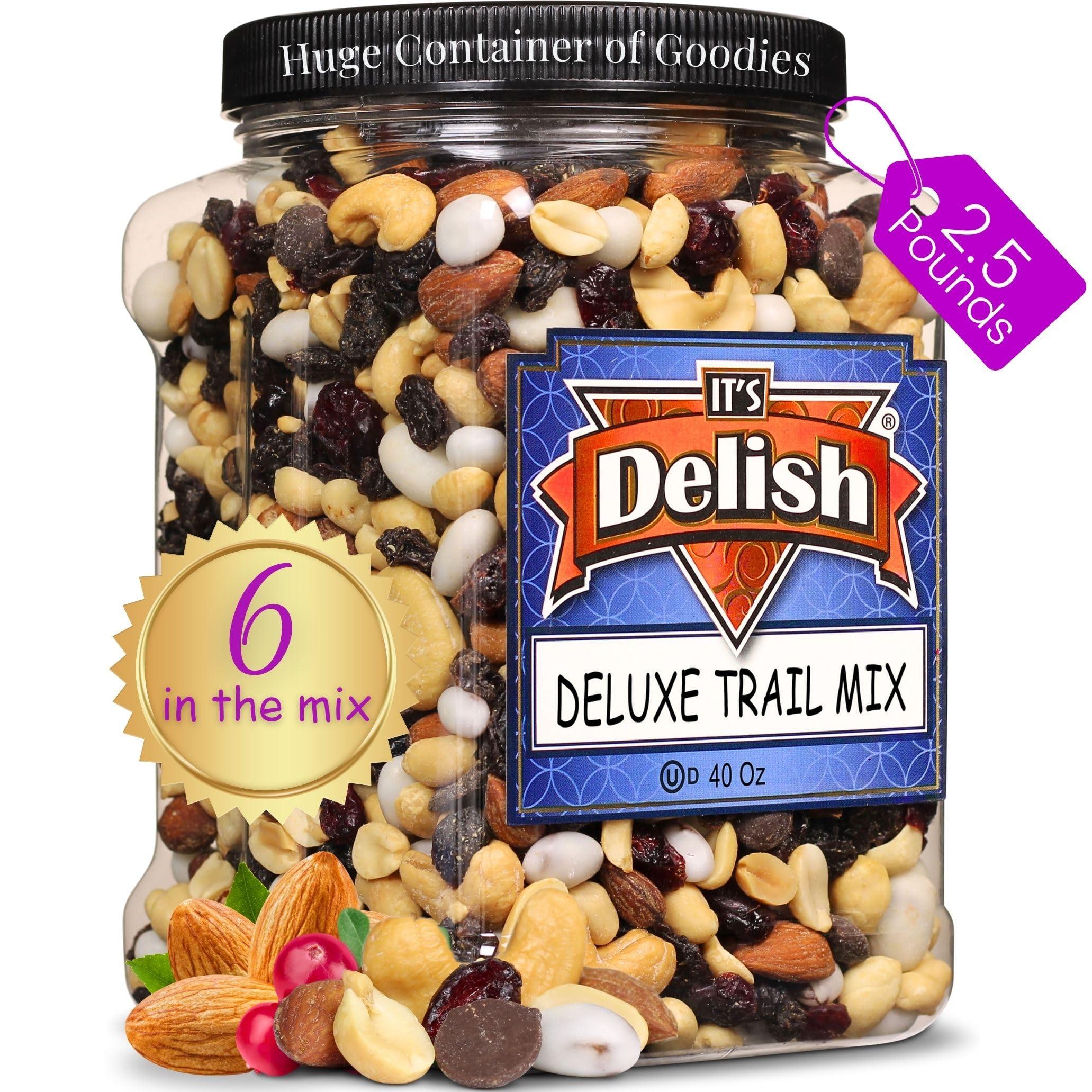 It's Delish Deluxe Trail Mix with Greek Yogurt, Chocolate, Fruit and Nuts by Its Delish 2.5 lbs Jumbo Container Healthy Mix of Greek Yogurt Coated Raisins & Dark Chocolate Chips, Dried Fruit and Nuts, Certified Kosher Dairy