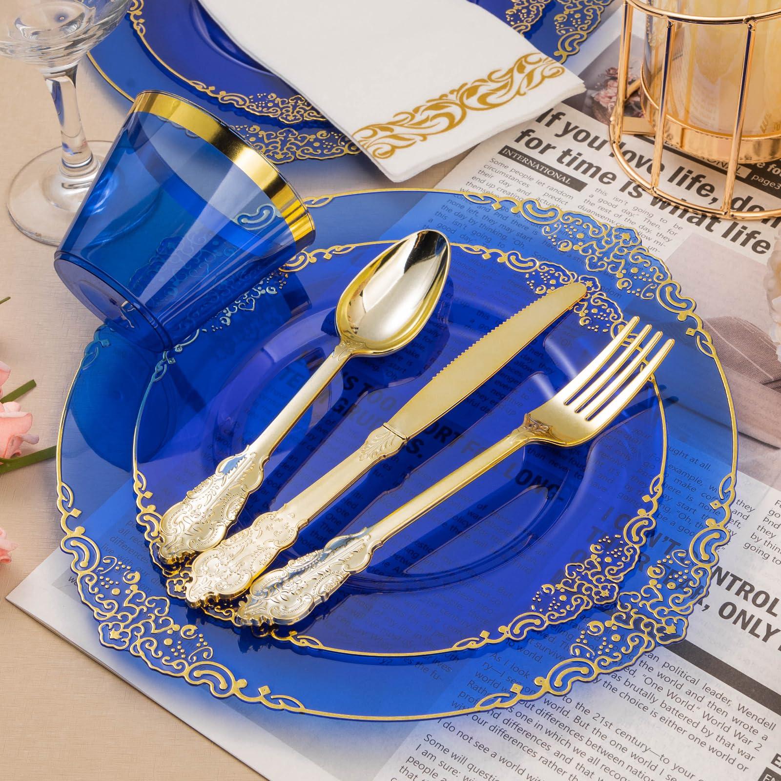 Bestluck Bestluck 350PCS Clear Blue Plastic Plates for 50 Guests, Disposable Plates with Gold Trim include 50 Dinner plates, 50 Dessert Plates, 150 Gold Silverware, 50 Cups, 50 Napkins for New Years Eve