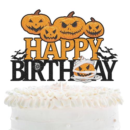LHCING Halloween Happy Birthday Cake Topper - Halloween Birthday Pumpkins Black Glitter Cake Topper - Halloween Kids Birthday Party Friday The 13th Party Cake Derocation