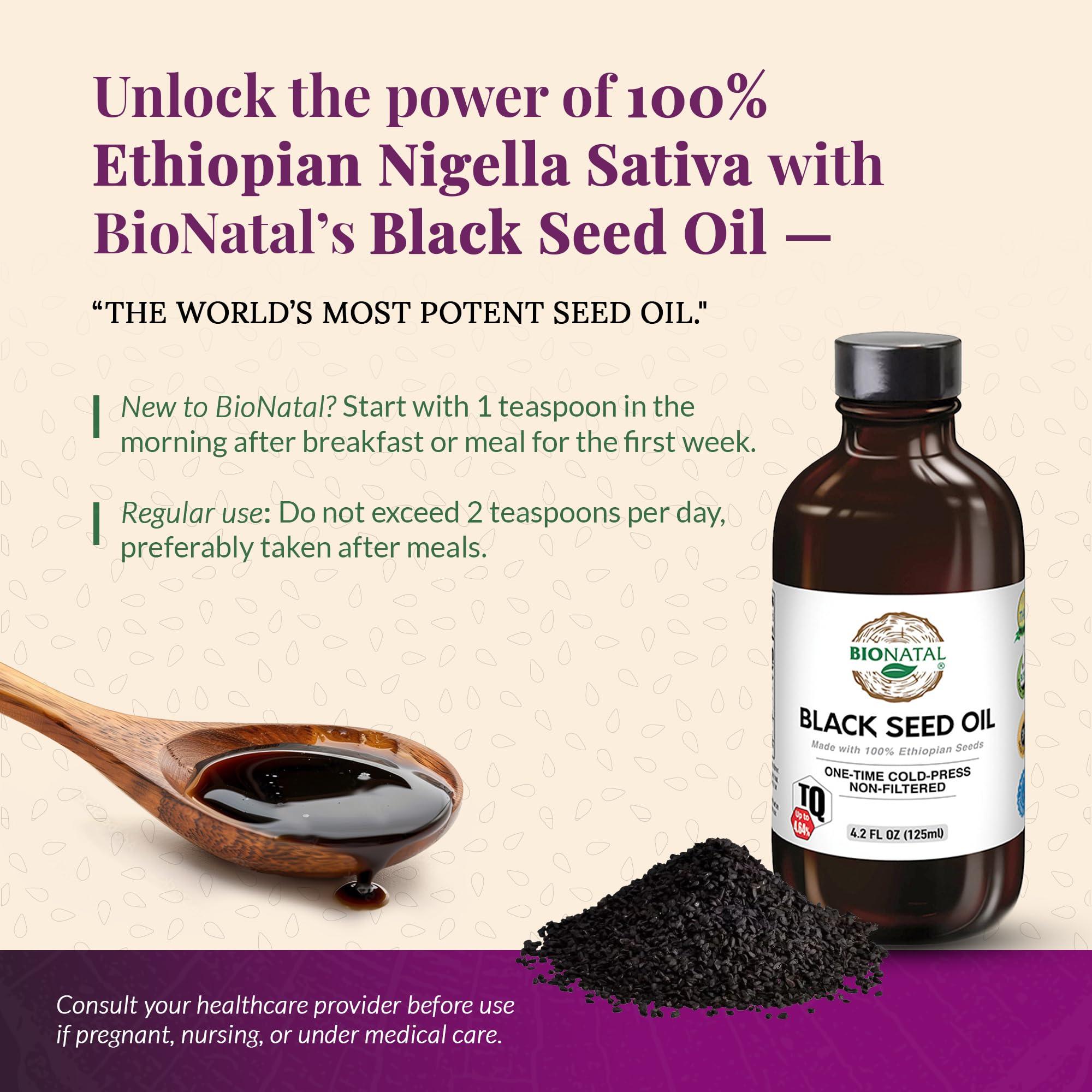 BioNatal Bionatal's Ethiopian Black Seed Oil 4.2oz (GLASS), Up to 4.34% Thymoquinone (TQ), Nigella Sativa Seeds, Non-filtered black cumin seed oil, Cold-pressed