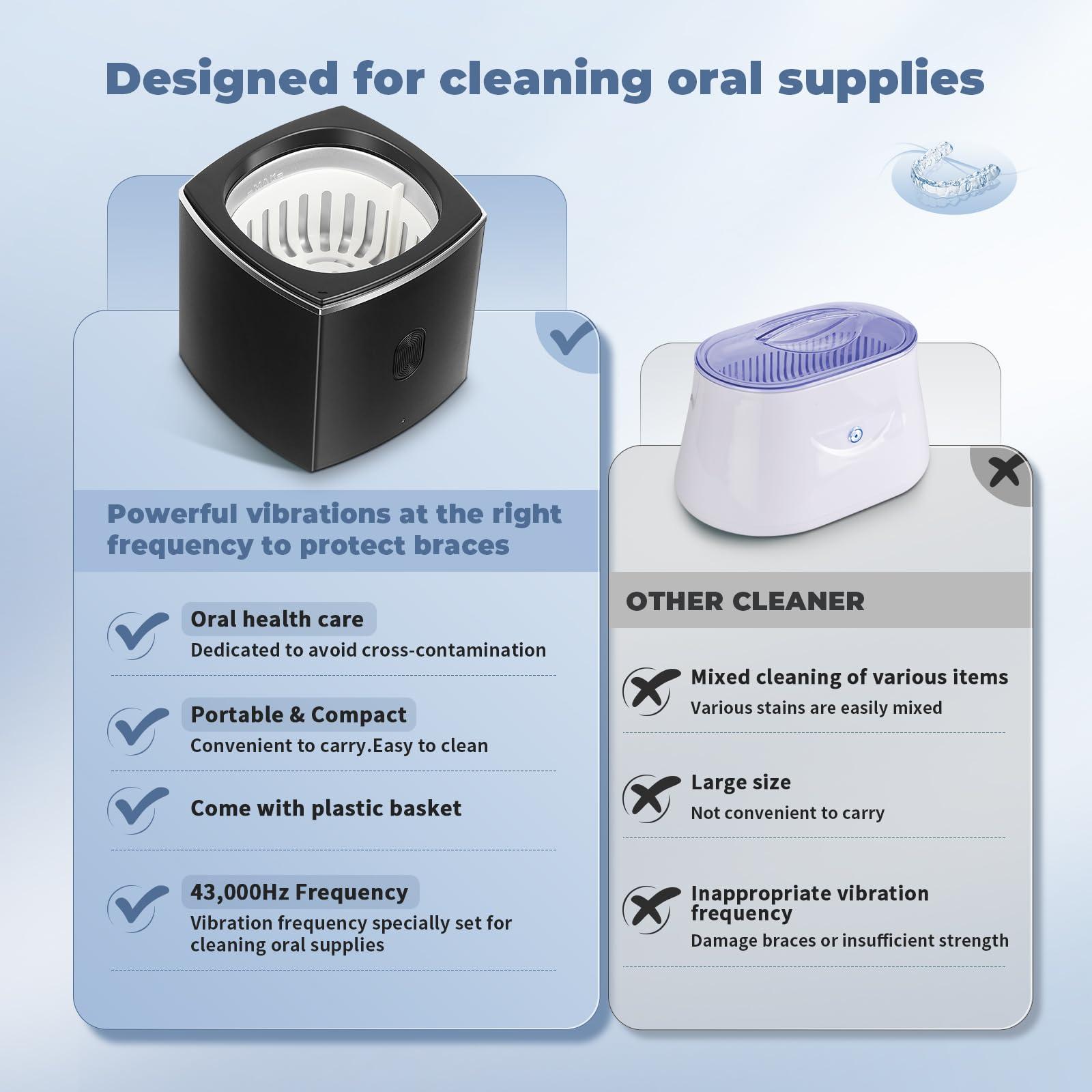 FAHKNS Ultrasonic Dental Cleaner;UltraSonic Retainer Cleaner Machine for Denture,Aligner,Earring,whitening tray,200ml Portable Mouth Guard Cleaner,Invisalign cleaner,Professional Sonic Jewelry cleaner black