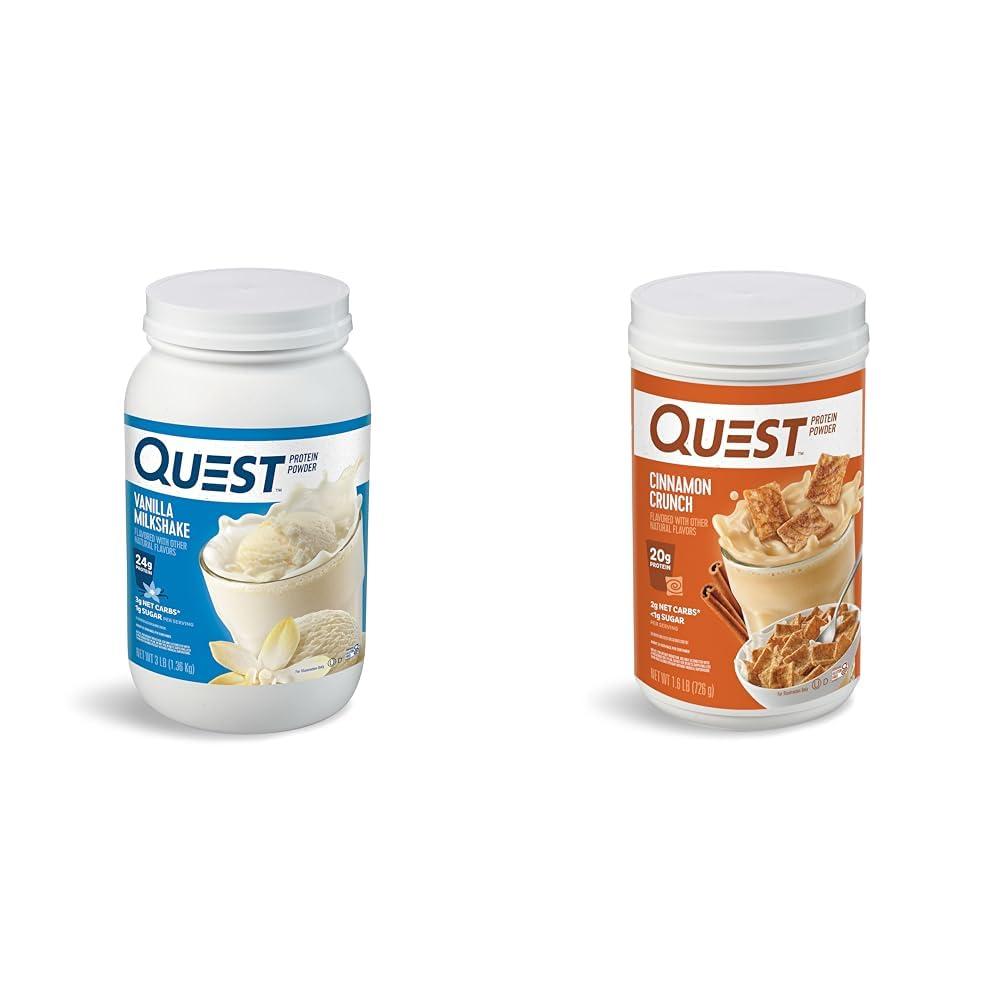 Quest Nutrition Quest Nutrition Vanilla Milkshake Protein Powder, 24g of Protein, 1g of Sugar, Low Carb, Gluten Free, 3 Pound, 43 servings & Cinnamon Crunch Protein Powder, 20g Protein, 2g Net Carb, 1g Sugar