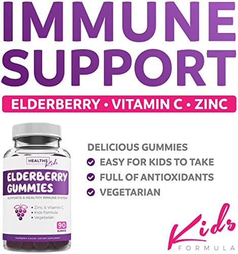 Healths Harmony Elderberry Gummies for Kids with Vitamin C & Zinc (3 Months Supply) 90 Delicious Raspberry Flavor Gummy - Immune Support Supplement for Children - Vegetarian Sambucus Elderberry Gummies (No Pills)