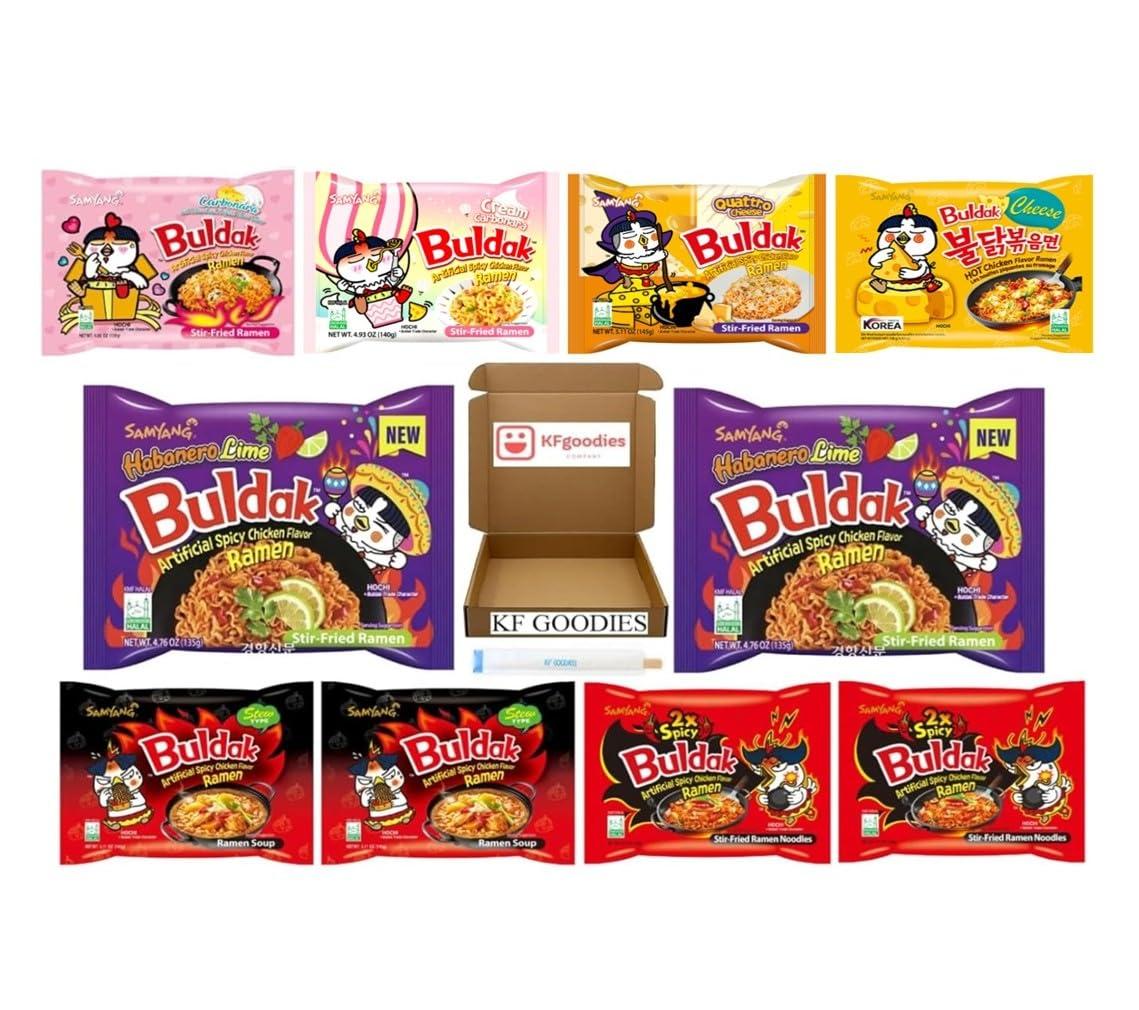 KF GOODIES Samyang Buldak Hot Spicy Chicken Ramen Noodle Korean Stir-Fried Ramen (10, 2 2X Spicy, 2 Carbonara, 2 Habanero Lime, 2 Jjajjang, 2 Stew))