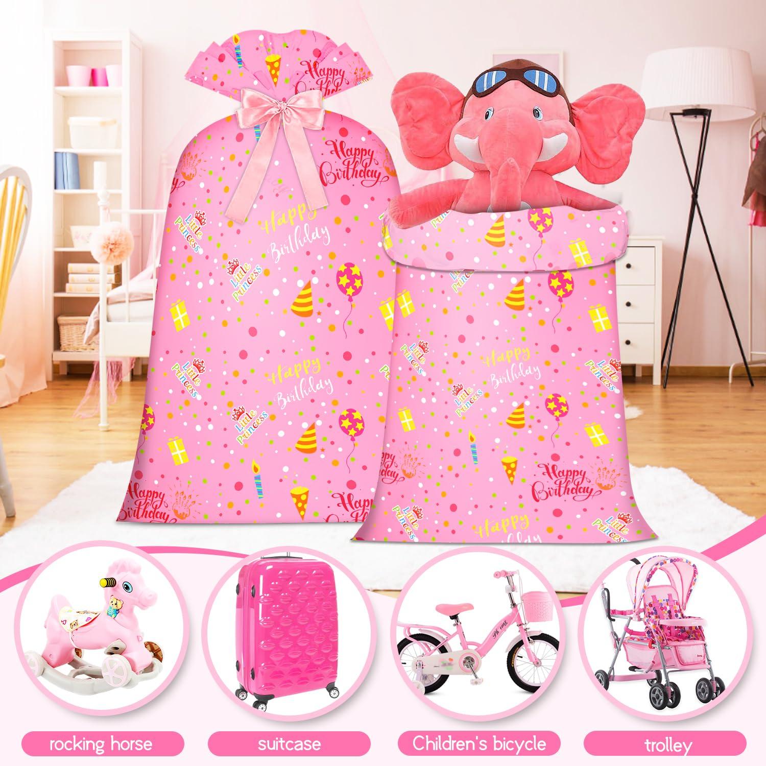 BWLOIES Jumbo Gift Bag Birthday Gift Bag for Girls Kids,Big Gift Bags for Huge Gift Bags Giant Gift Bags with Happy Birthday Cake Balloon Pink Design,Extra Large Gift Bag Oversized Gift Bags Bithday Gift Wrap Bag for Present Bag,Wrapping Bags for large Gifts