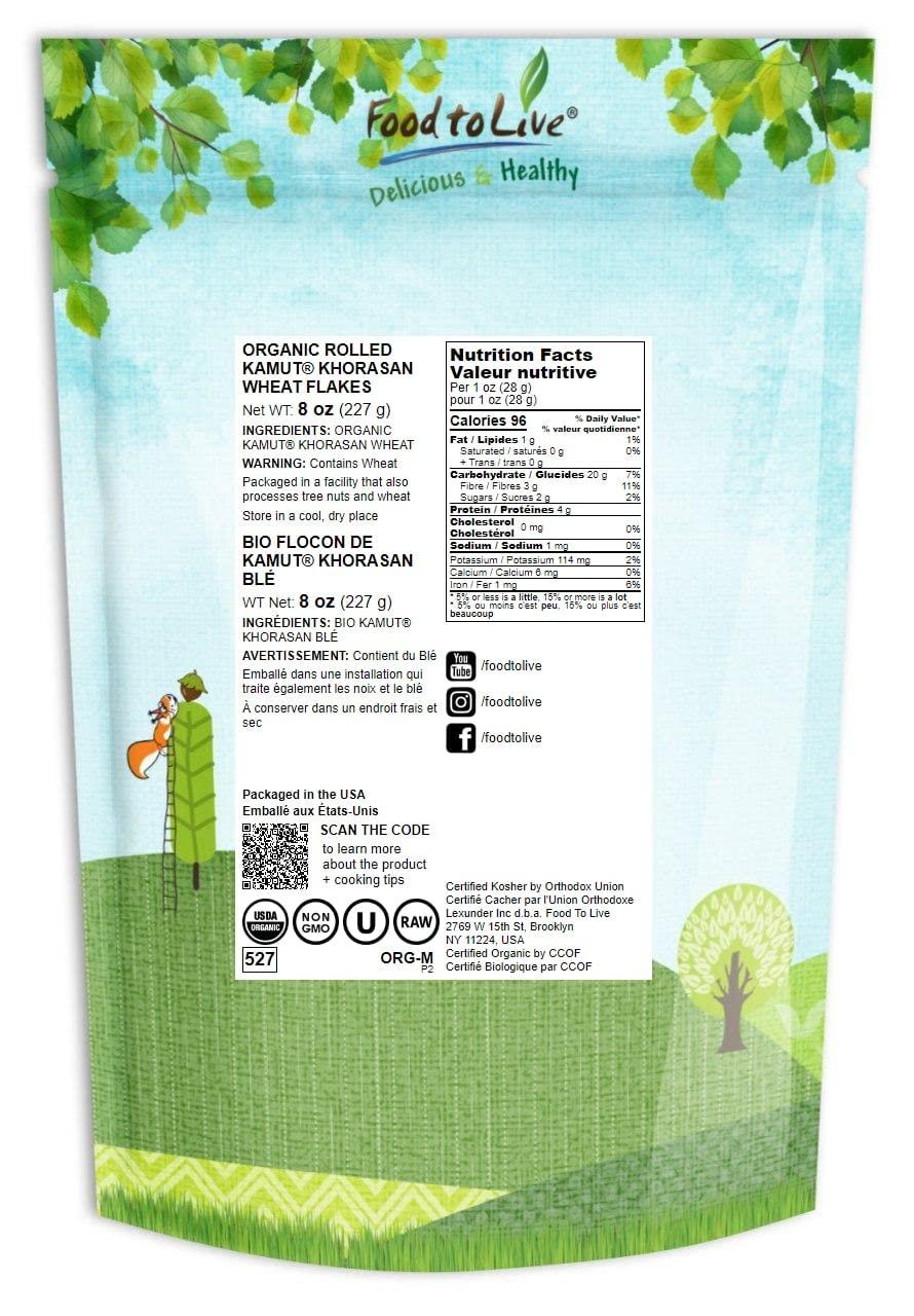 Food to Live Food to Live Organic Rolled KAMUT Khorasan Wheat Flakes, 8 Ounces - Non-GMO, Whole Wheat Berries, Kosher, Bulk, Great for Cereal, Granola, Muffins, Milling into Flour for Baking, Product of the USA.