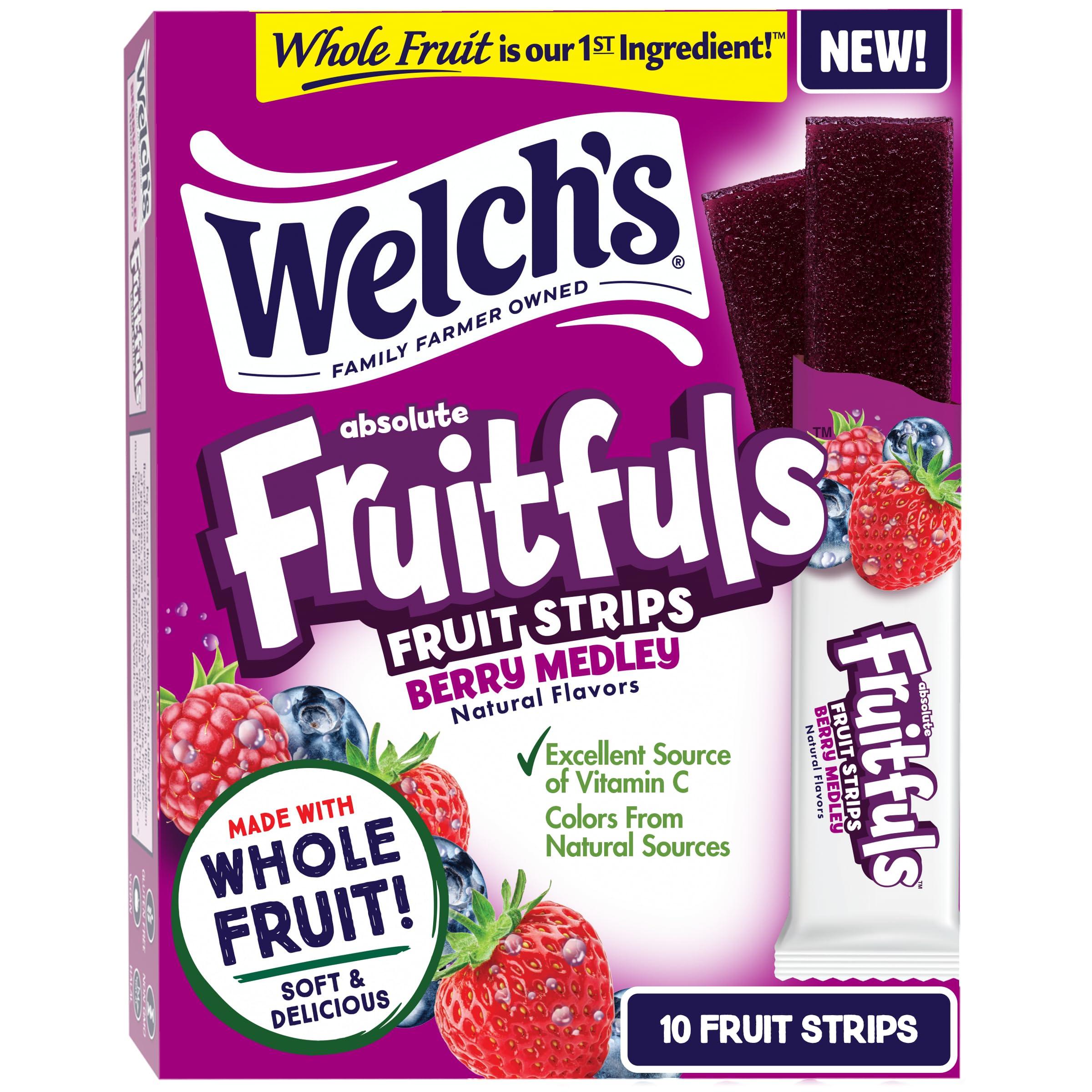 Welch\'s Welchs Absolute Fruitfuls Fruit Strips, Tasty Dried Fruit Snacks for School Lunches, Berry Medley, 0.5oz (Pack of 10)