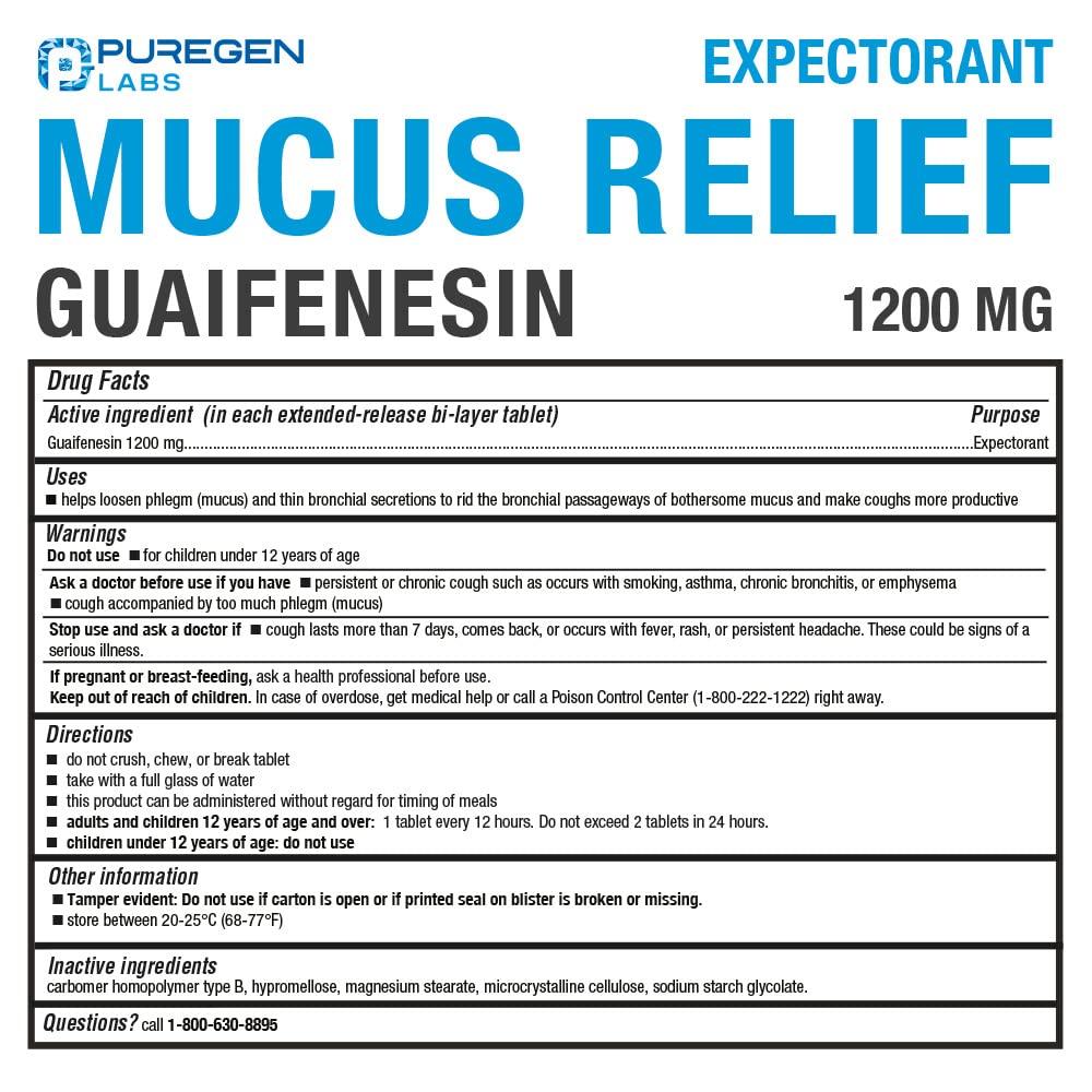 P Puregen Labs Puregen Labs Mucus Relief 12 Hour Extended Release Guaifenesin 1200mg Maximum Strength | Total 220 Tablets | Relief from Cough, Cold, Nasal & Chest Congestion | Expectorant | Extended Release Tablets