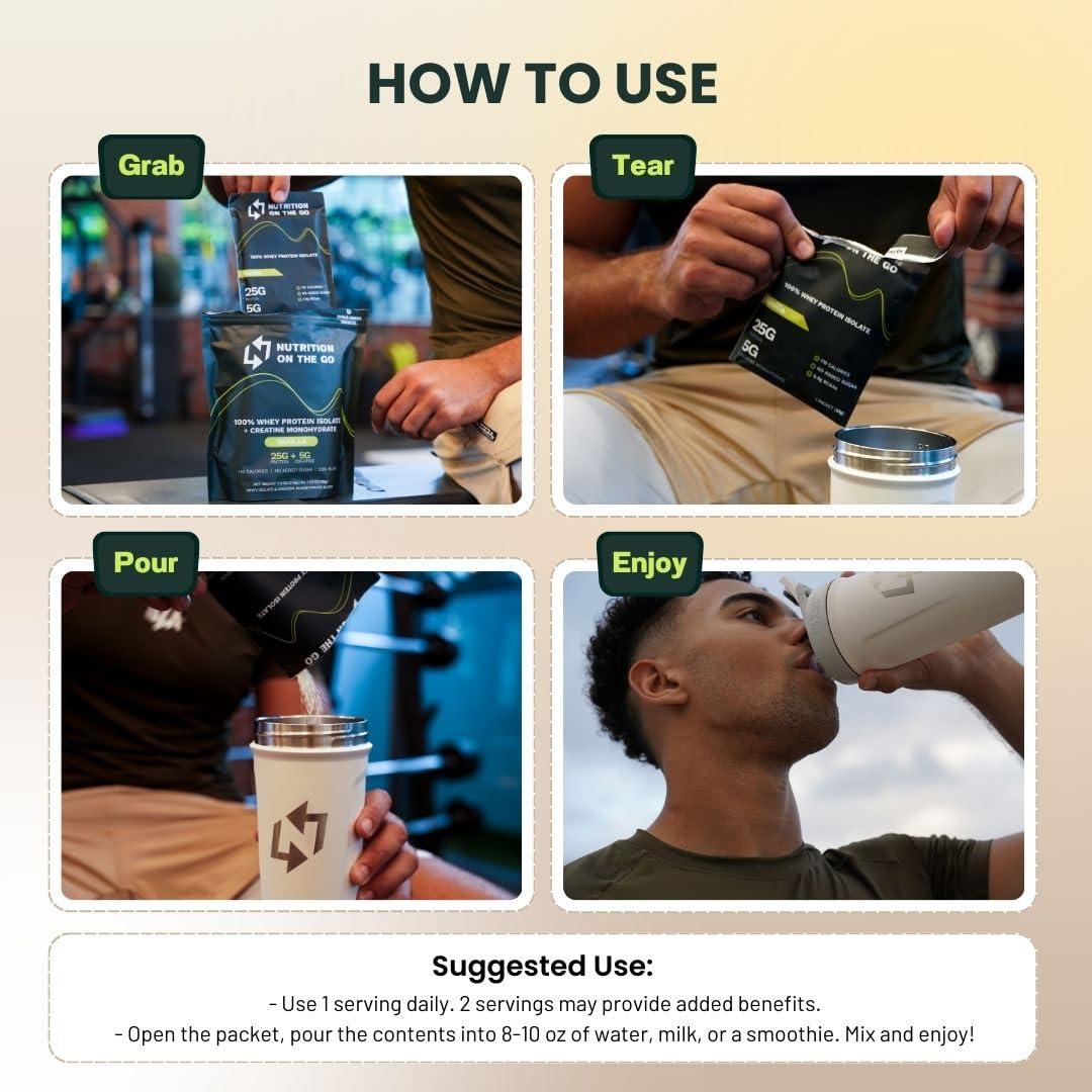 Nutrition On The Go Nutrition on the Go Chocolate Whey Protein Powder with Creatine - 25g Protein, 5g Creatine - Single-Serve Packets for Travel, On-the-Go - Gluten-Free, No Added Sugar - (15-Pack)