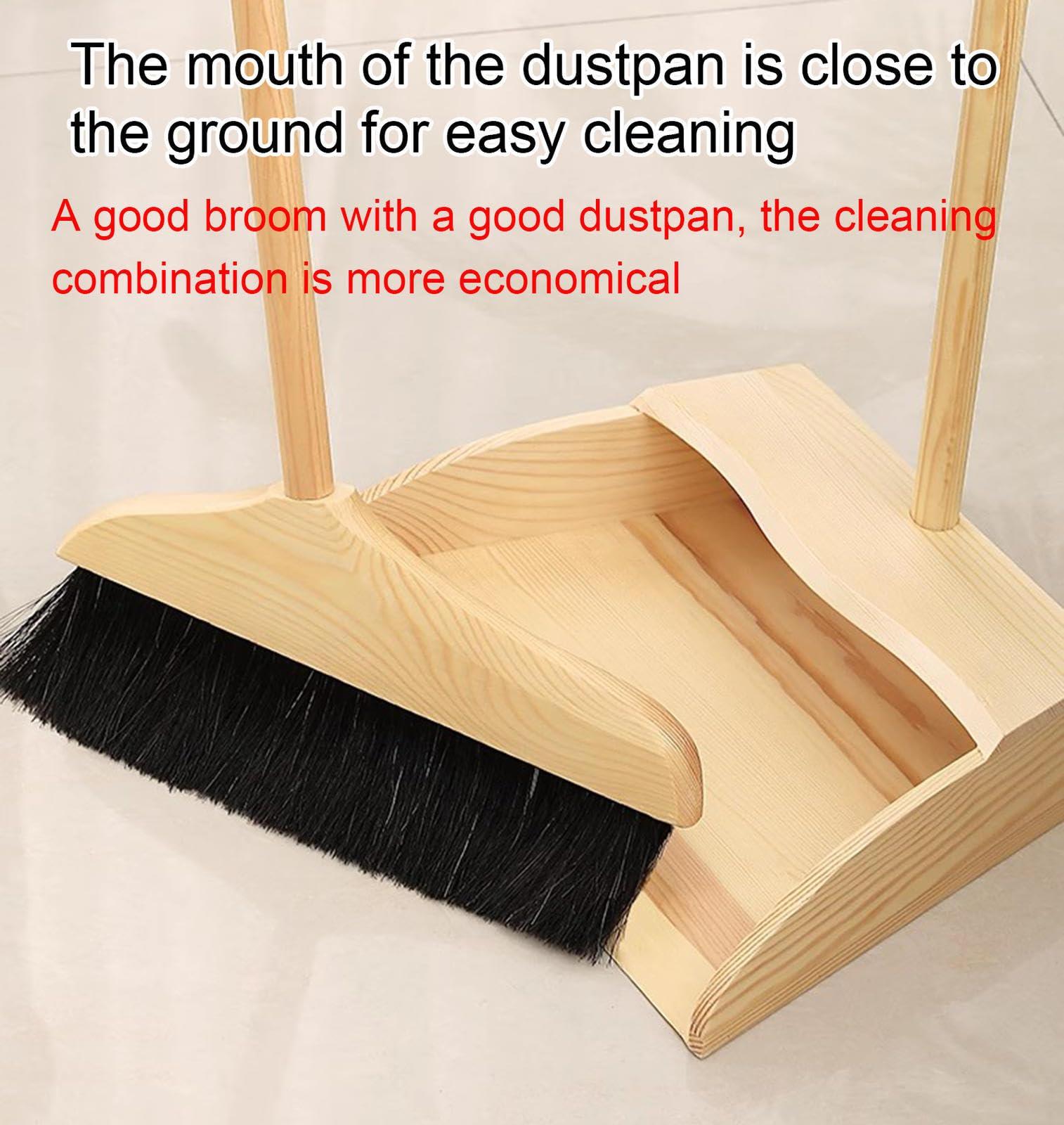 VIDECOR VIDECOR Wooden Broom and Dustpan Long Handle Bristles Upright Set for Home Kitchen Lobby,Household Dust Pan Combo, for Indoor Outdoor Household Cleaning and Sweeping
