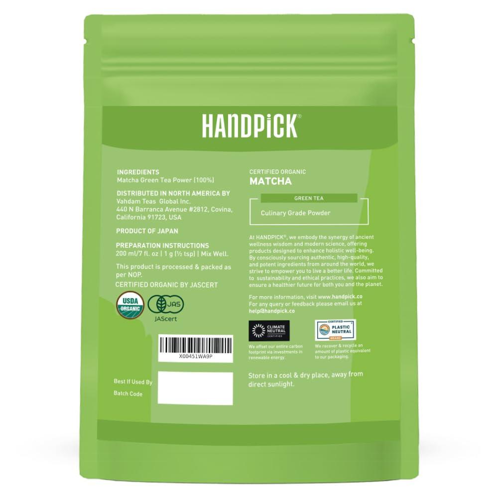 HANDPICK HANDPICK Japanese Organic Matcha Green Tea Powder (100 Servings) - Authentic Premium Second Flush Harvest | Resealable Ziplock Pouch