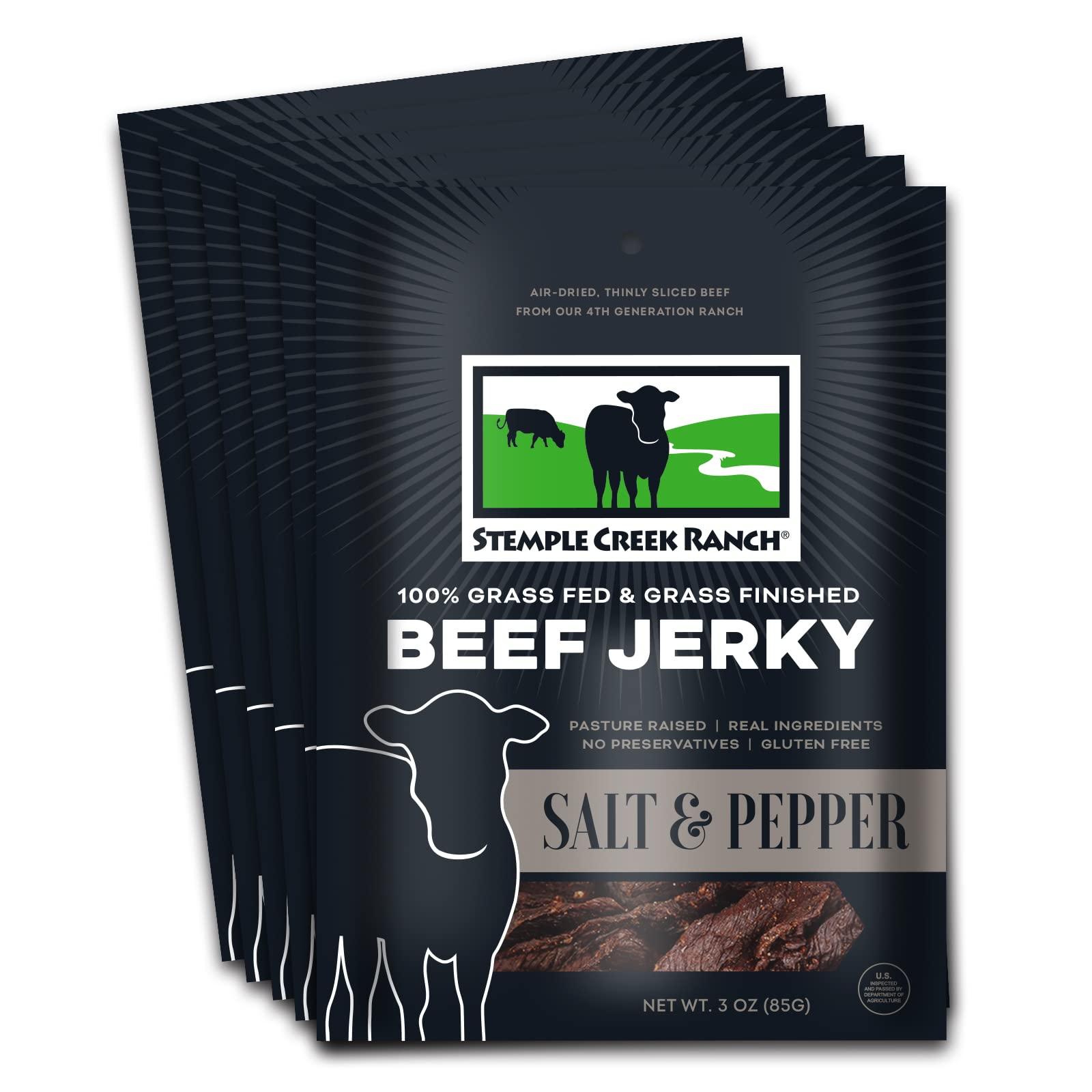 Stemple Creek Ranch Original Stemple Creek Ranch Beef Jerky, 100% Grass-Fed, Gluten Free, No-Sugar, 4 Clean Ingredients, 3 Ounces (Salt & Pepper, 6 Pack)