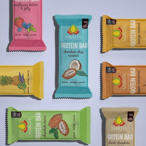 Amrita AMRITA Vegan Protein Bars Variety Pack (6 Flavors) | Peanut/Dairy Free, Soy & Gluten Free | 15g Plant Based Protein Bars | High Fiber Low Sugar Meal Replacement Bar - Breakfast Bars, High Protein Bars