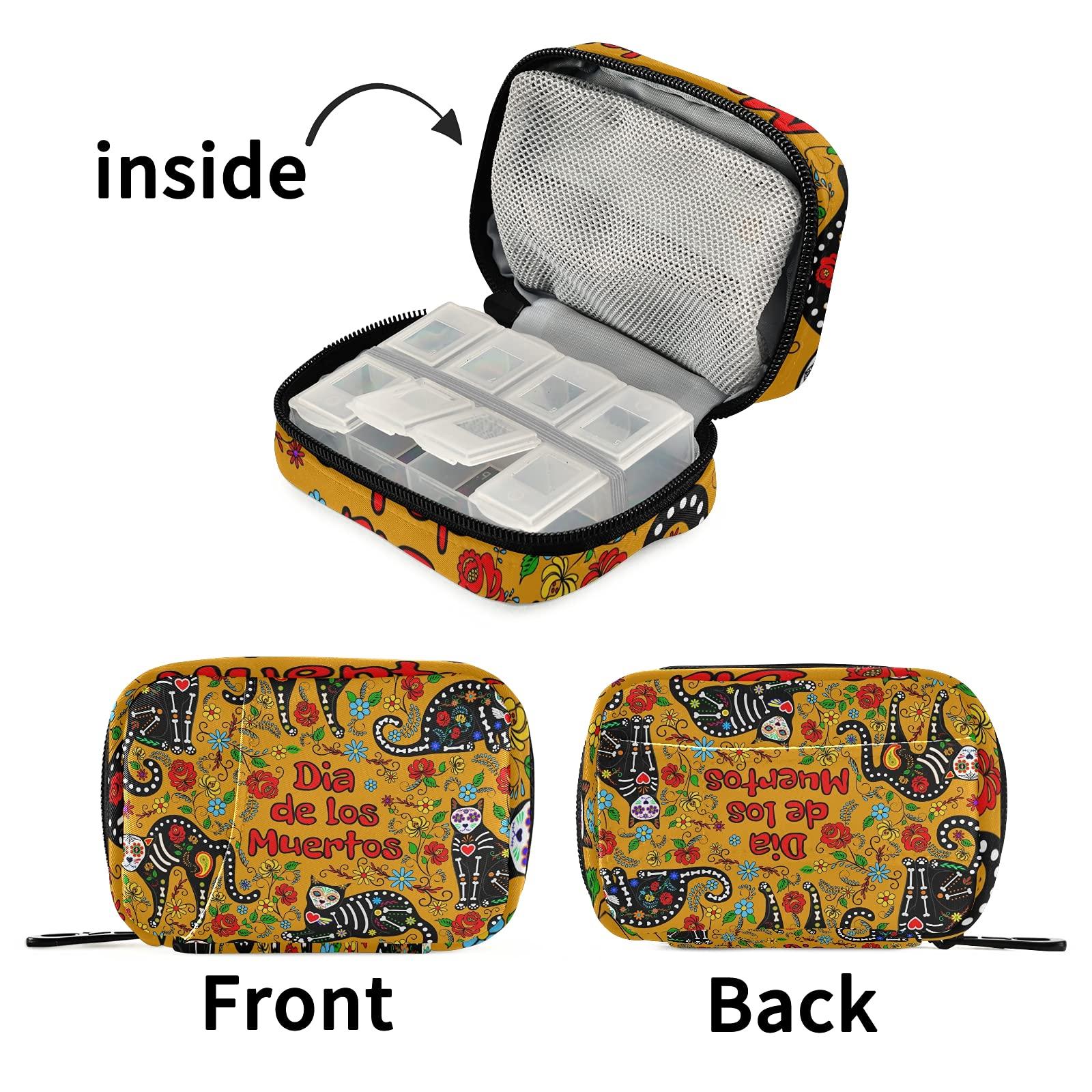 TropicalLife Travel Pill Case Bag Floral Day of The Dead Sugar Skull Cat Weekly Pill Box 8 Compartments 7 Day Individual Pill Case Purse Zippered Medicine Case Organizer