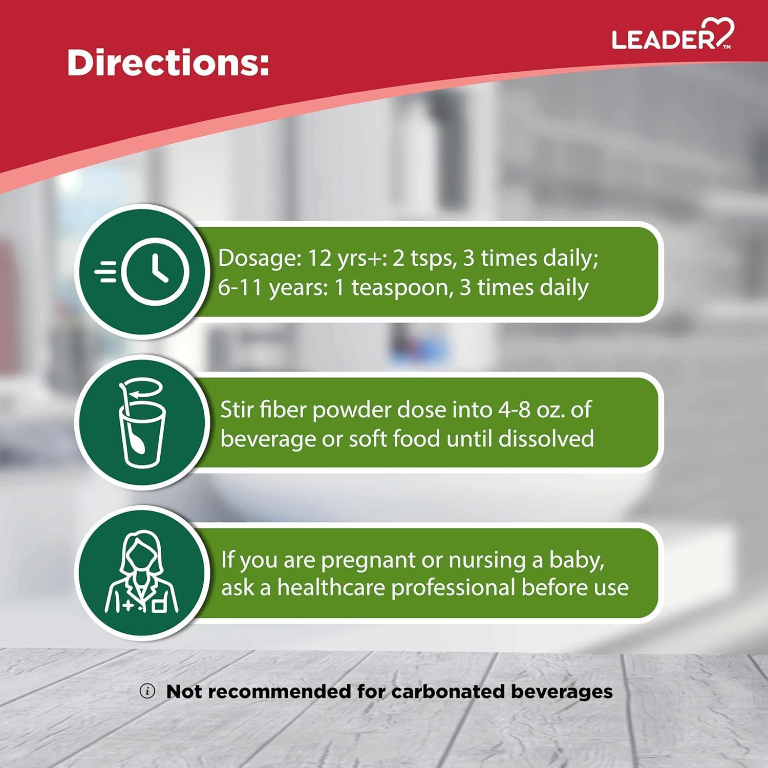 Leader Leader Prebiotic Fiber Supplement Powder for Digestive Health, 100% Natural Daily Fiber Powder, Sugar-Free, Taste-Free, Gluten Free, Non-GMO, Unflavored (Pack of 2)