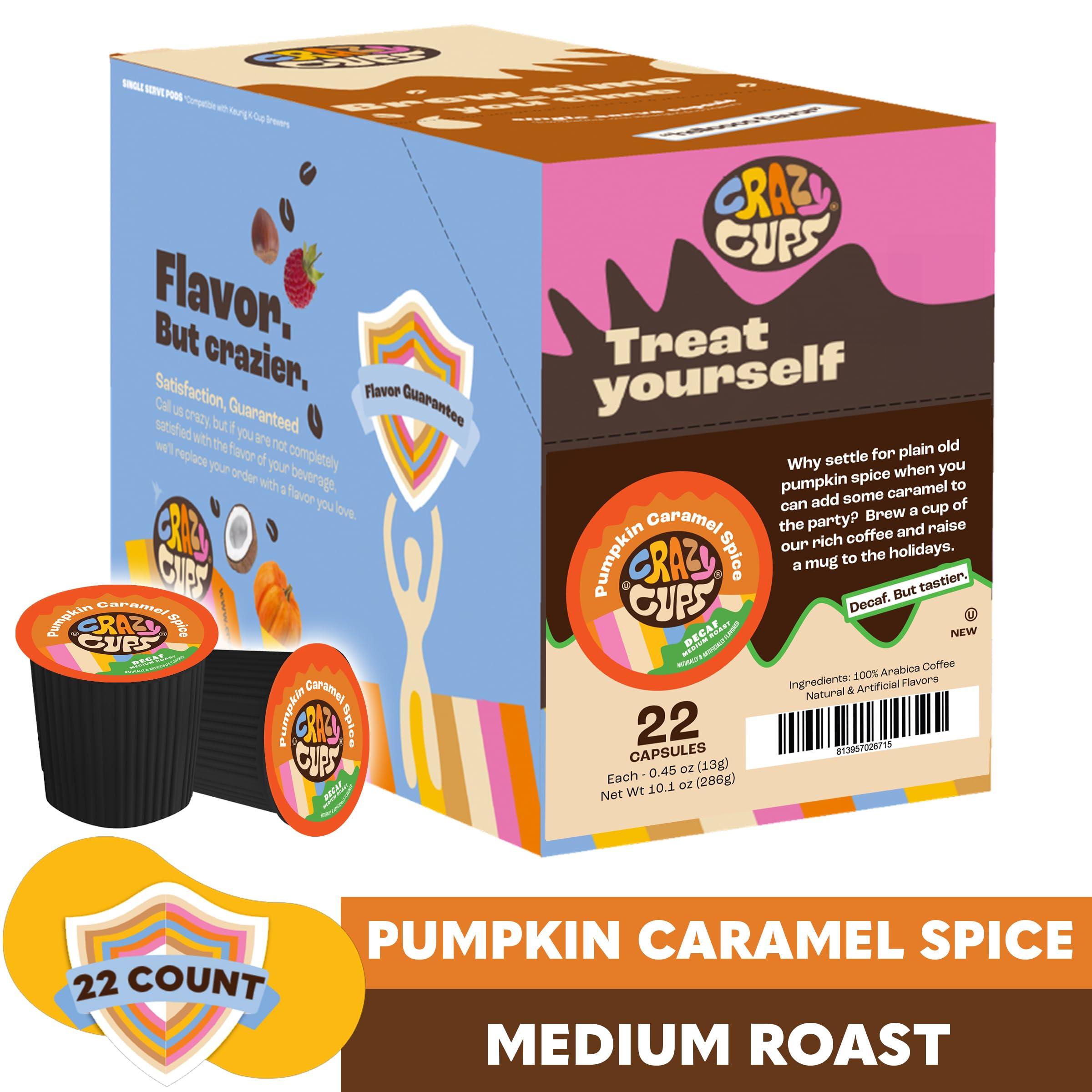 Crazy Cups Crazy Cups Decaf Flavored Recyclable Single Serve Decaffeinated Pumpkin Caramel Spice Coffee Pods for Keurig K Cups Machines, Brew Hot or As Iced, 22 Count (Pack of 1)