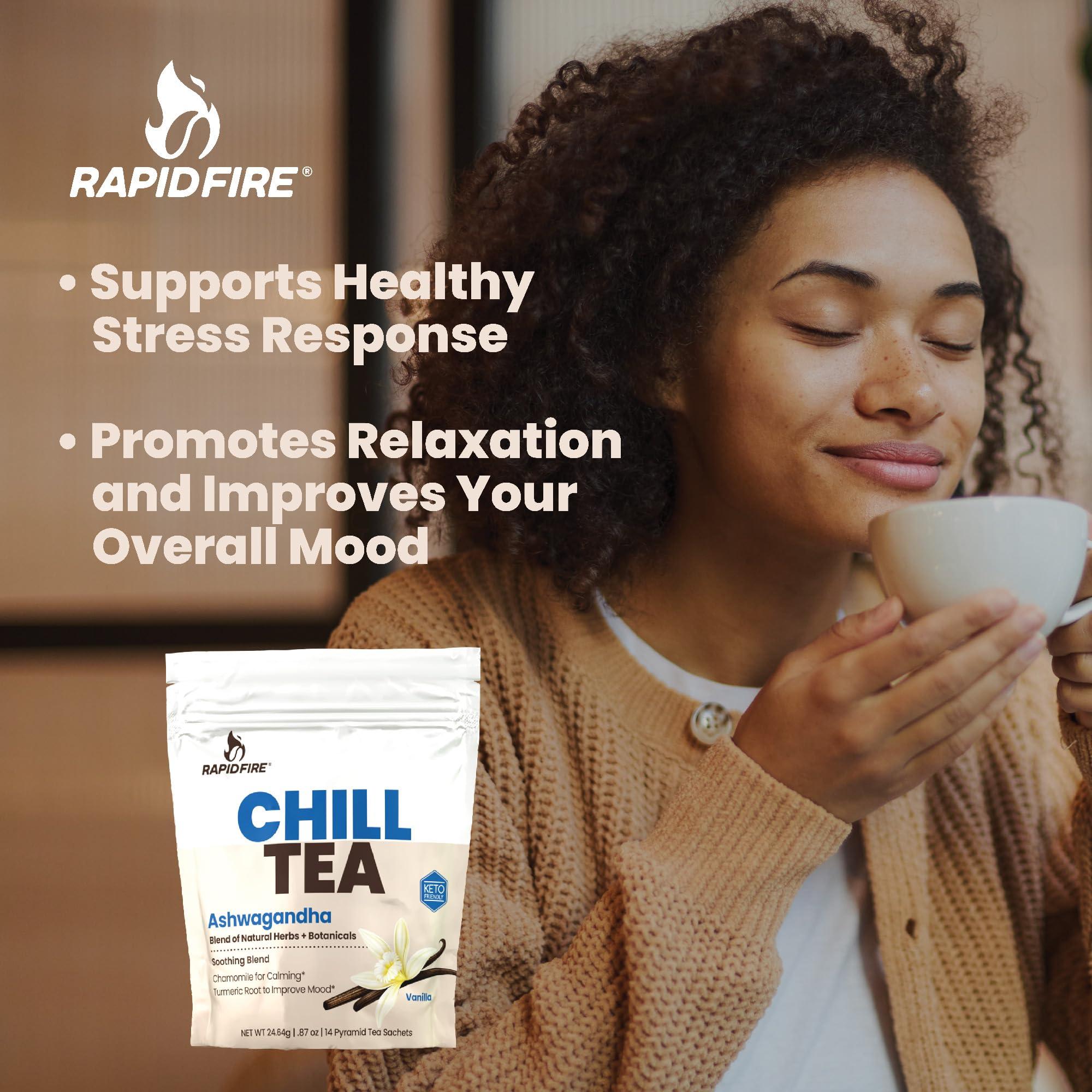 Rapid Fire Chill Tea, Soothing Blend, Promotes Relaxation, with Ashwagandha, Chamomile, Turmeric, Stress Relief Tea, Caffeine Free, 14 Tea Bags, 14 Servings