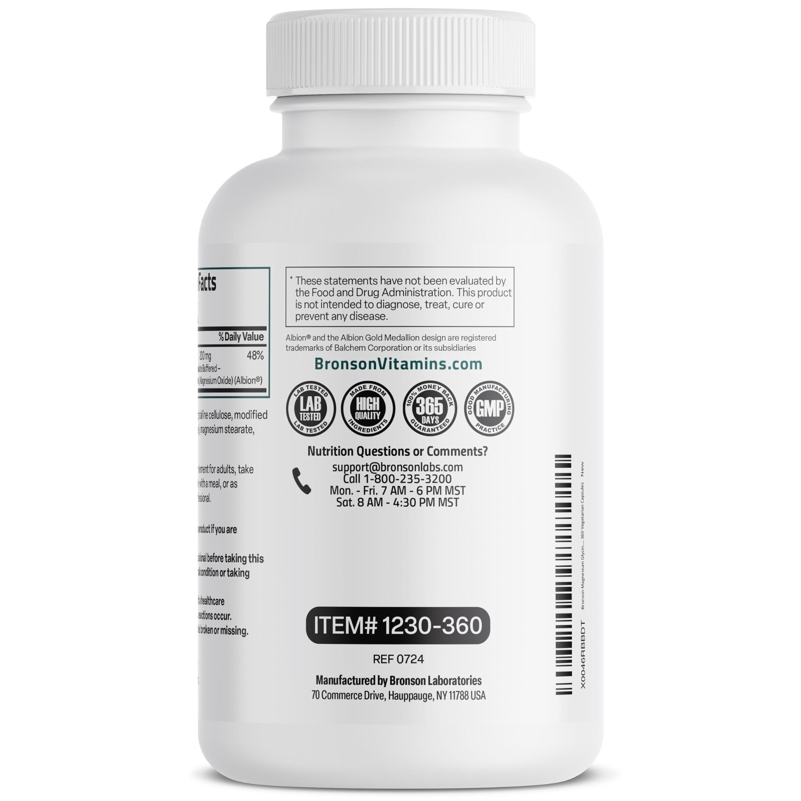 Bronson Bronson Magnesium Glycinate 200 MG per Serving Chelated for High Absorption, Gentle On Stomach, Non-GMO, 360 Vegetarian Capsules