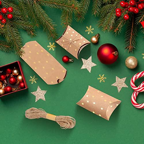 WANGDEFA 100 Pieces Small Gift Pillow Boxes Pillow Boxes for Gifts Kraft New Year Gift Box Christmas Pillow Boxes Pillow Gift Boxes with Jute String for Wedding New year Present and Birthday Party Favor