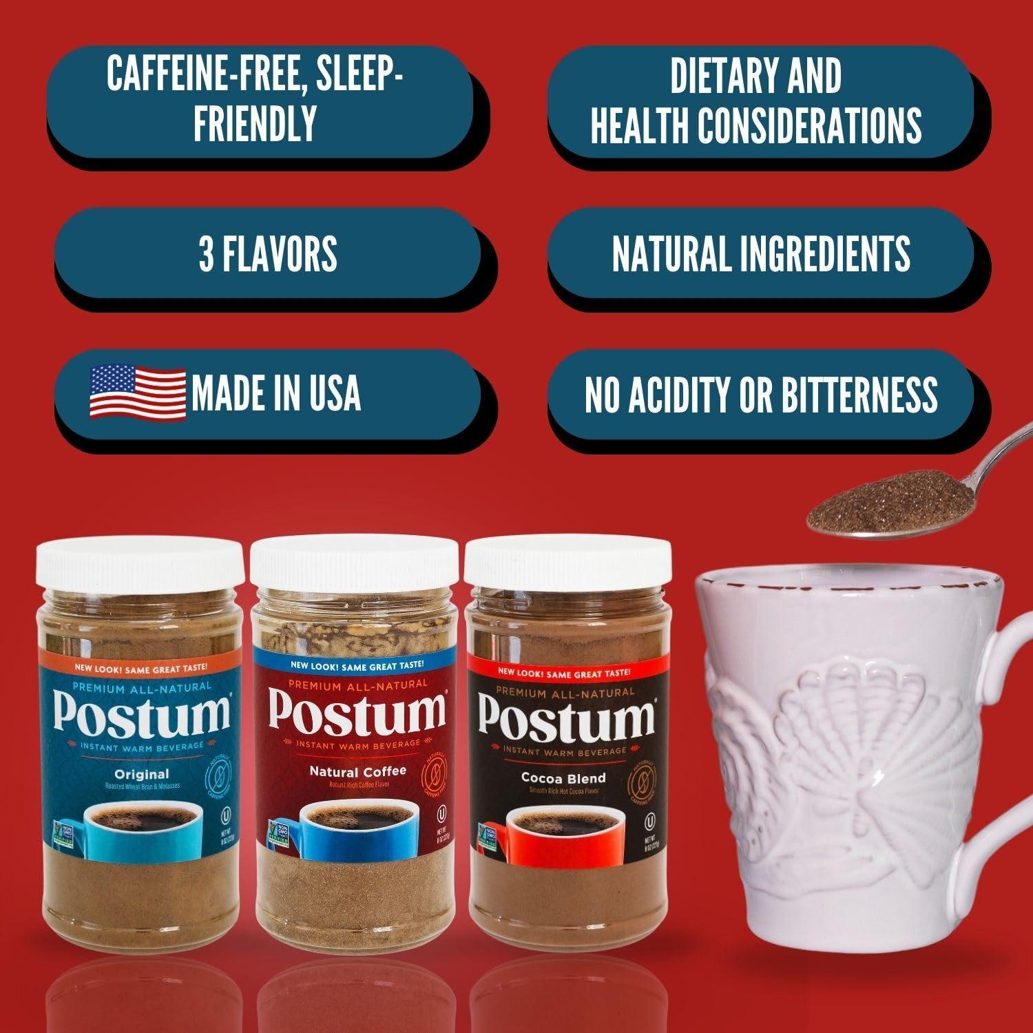 Postum Postum Variety Bundle Coffee Substitute Caffeine Free: Postum Original Roasted Wheat Bran & Molassess, Cocoa Blend & Natural Coffee (Pack of 3) | All-Natural & Healthy Coffee Alternative Caffeine Free