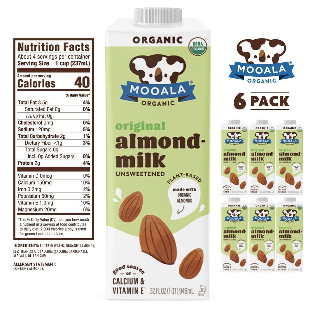 Mooala Mooala Organic Almond Milk Unsweetened 32 fl oz (Pack of 6) Shelf-Stable, Lactose Free, Gluten-Free, Vegan, No Added Sugar, Plant-Based Beverage