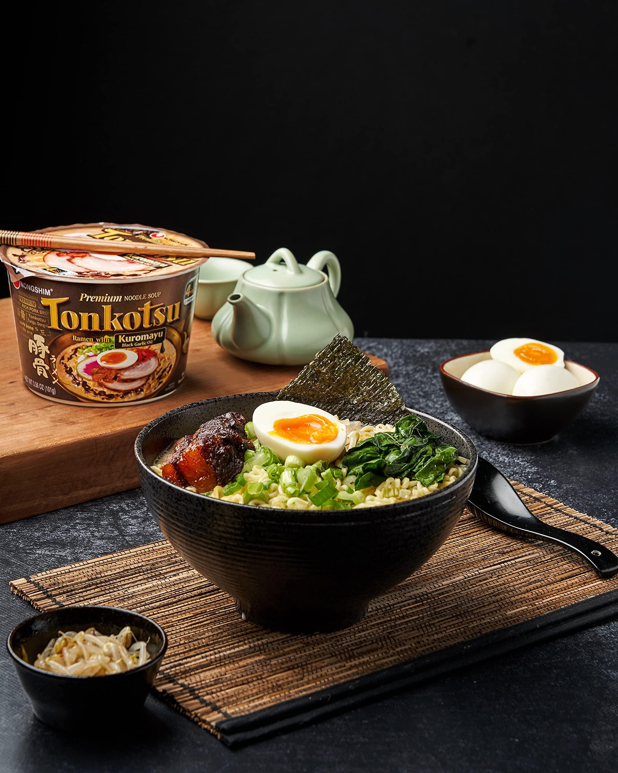 Nongshim Nongshim Tonkotsu Kuromayu Ramen with Kuromayu Black Garlic Oil, 6 Paper Bowls, Rich Pork Broth, Premium Ramen Noodles Soup Mix (Pack of 2)