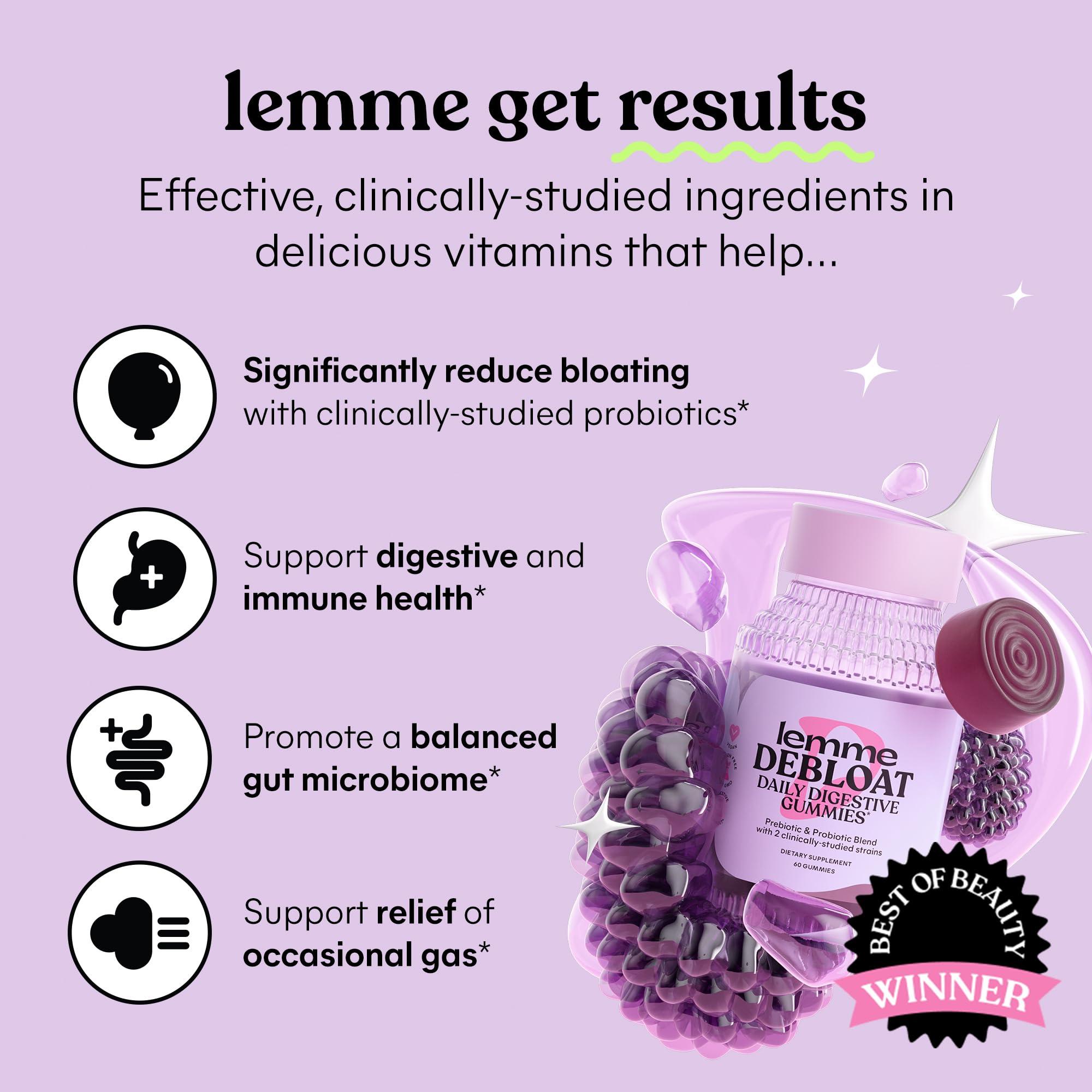 Lemme Lemme Debloat - Digestive & Gut Health Gummies with 2 Clinically Studied Probiotics & Prebiotic, 3 Billion CFUs - Vegan, Gluten Free, Non GMO, BlackBerry Flavor (60 Count) (Pack of 2)