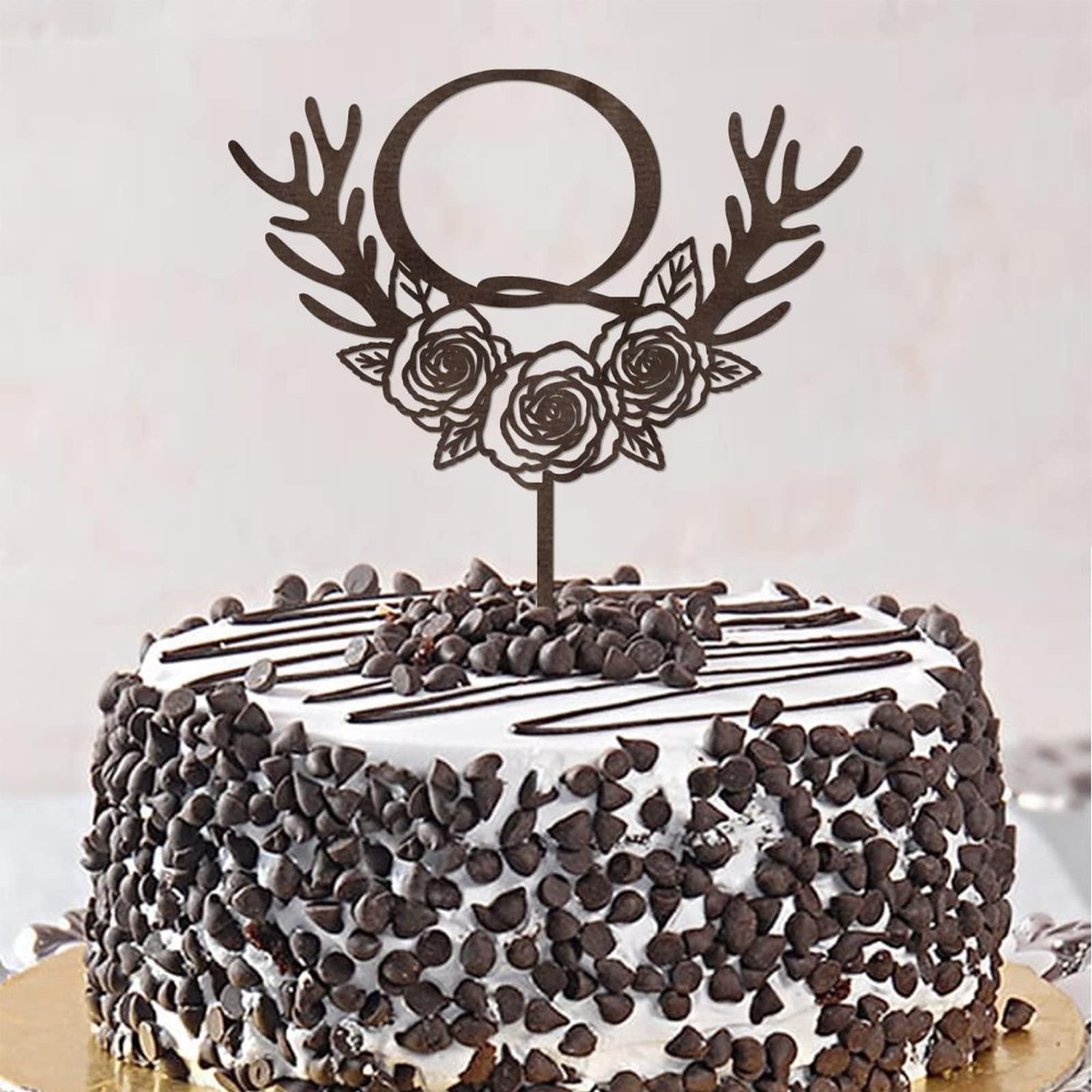 Vinisong Initials Q Cake Toppers, Vinisong Letter Cake Topper Brown Wood Wreath Cake Decorations Monogram Cake Topper Rustic Wedding Cake Decor(Q,Design 11)