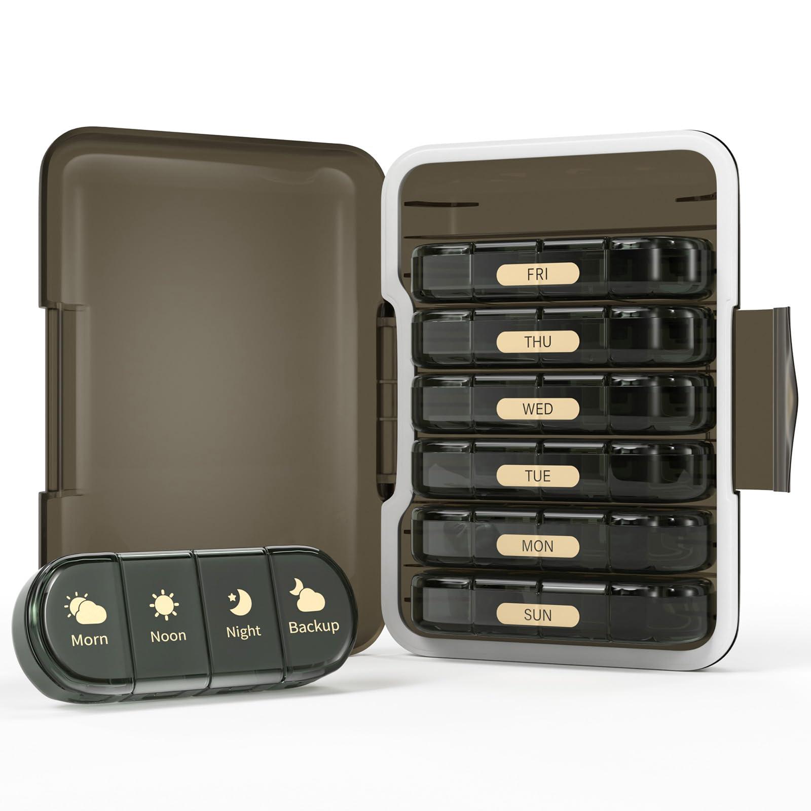 Codcaw Codcaw Weekly Pill Organizer 4 Times a Day, 7 Day Pill Box 4X, Portable for Travel Pill Case for Pills/Vitamin/Fish Oil/Medication/Supplements (4x7 Black)