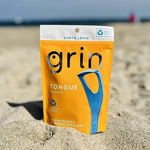 Grin GRIN Tongue Cleaner, 32 Count, Disposable Tongue Cleaner, Hygienic Scraper, Recycled Plastic, Clean Tongue, Promote Fresh Breath, Includes Safe Fold- Back Tooth Pick