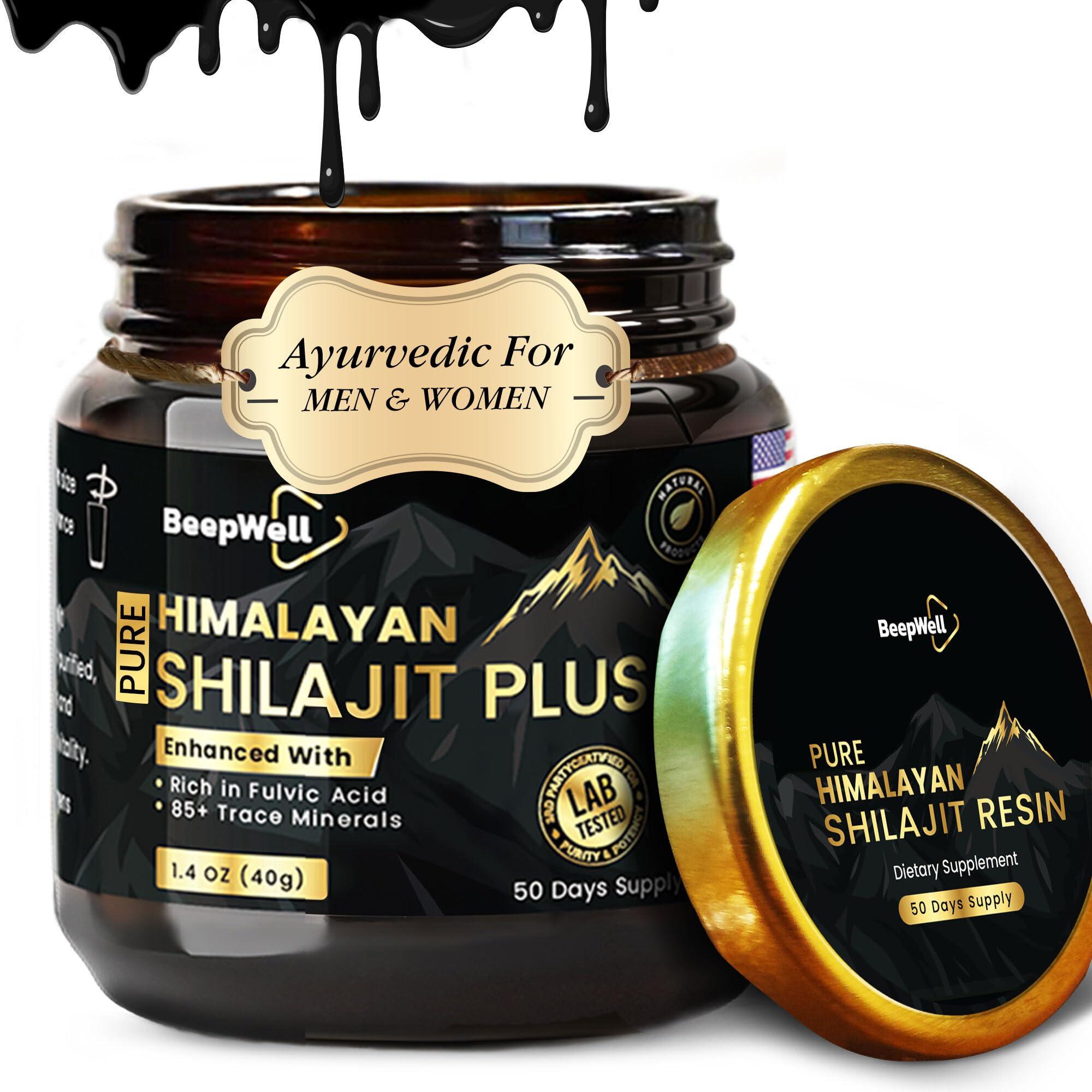 BeepWell BeepWell Shilajit Resin Himalayan Pure Natural Ashwagandha Maca Root Black Pepper Authentic Chilajil Men Women Gold Ayurvedic, 72% Fulvic Acid 85+ Trace Minerals, 50 Servings, 40 Grams