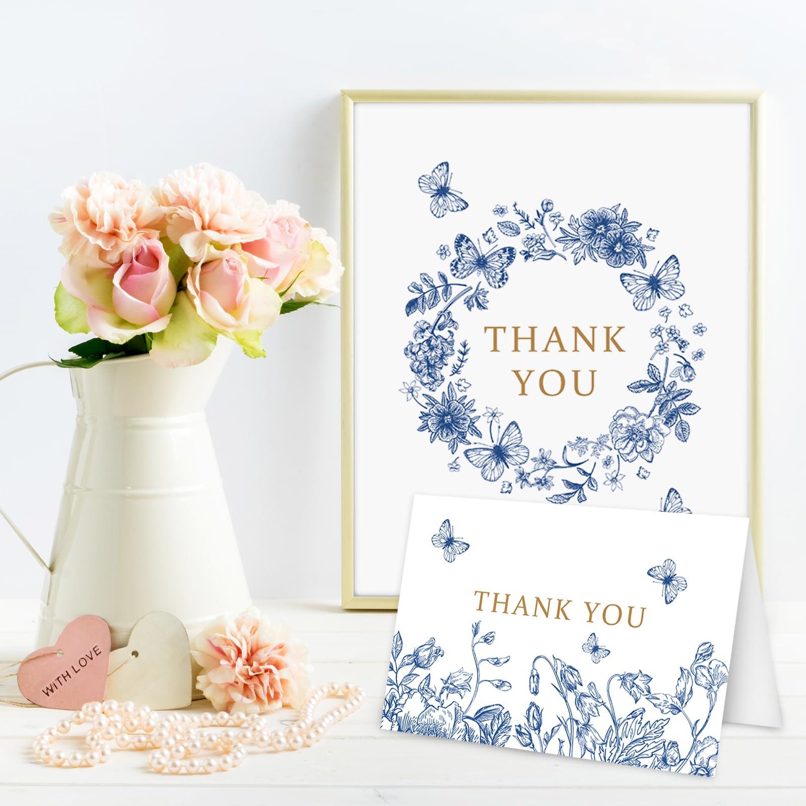 AnyDesign AnyDesign 36 Pack Blue Floral Thank You Cards Blue and White Flower Butterfly Note Cards with Kraft Envelopes Stickers Elegant Greeting Blank Cards for Baby Shower Wedding Birthday, 4 x 6 Inch