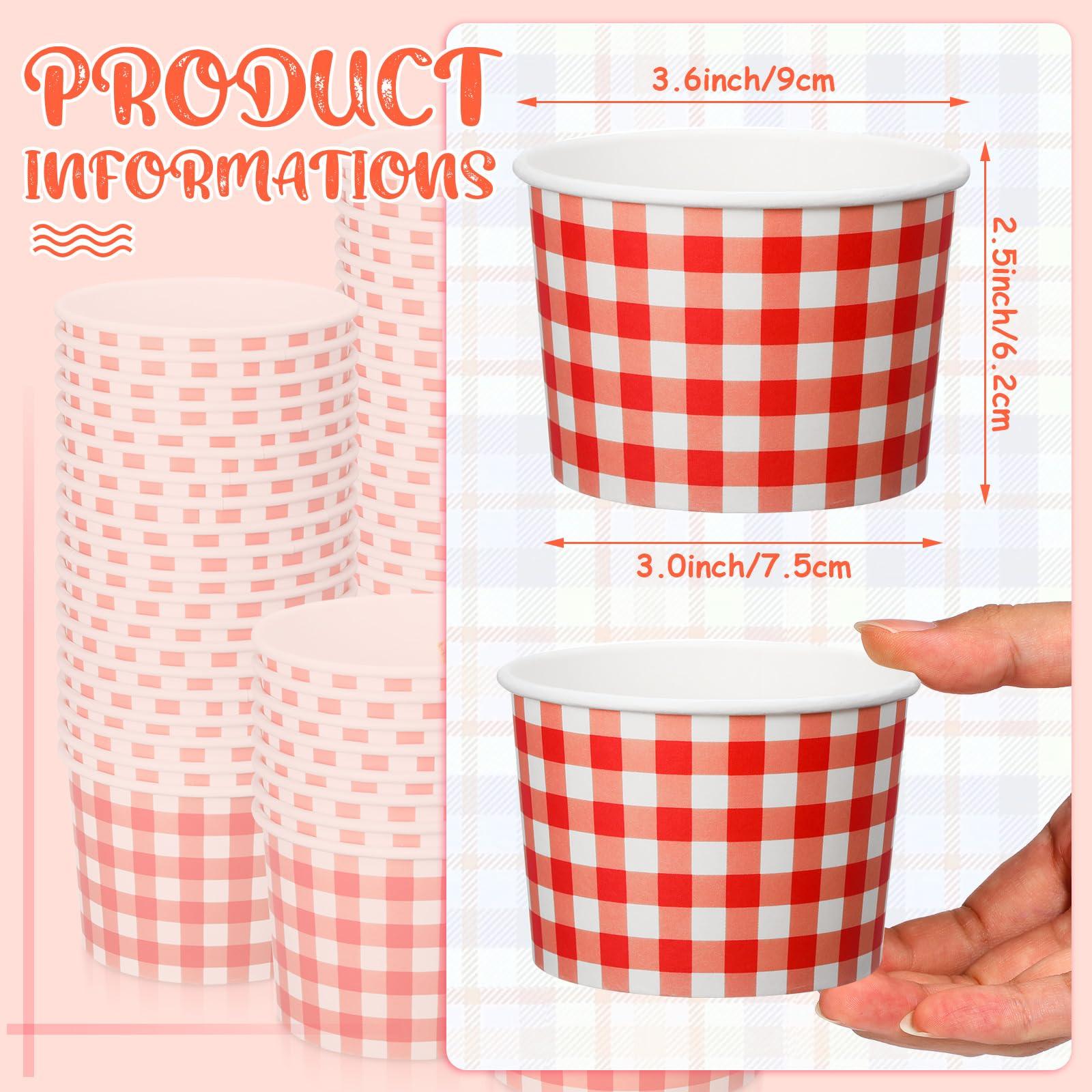 Sieral Sieral 9 Oz Ice Cream Cups Paper Bowls Disposable Gingham Cups Bulk Picnic Dessert Bowl Buffalo Plaid Snack Paper Cup Checkered Paper Party Cup for Hot or Cold Food(Red, 50 Pack)