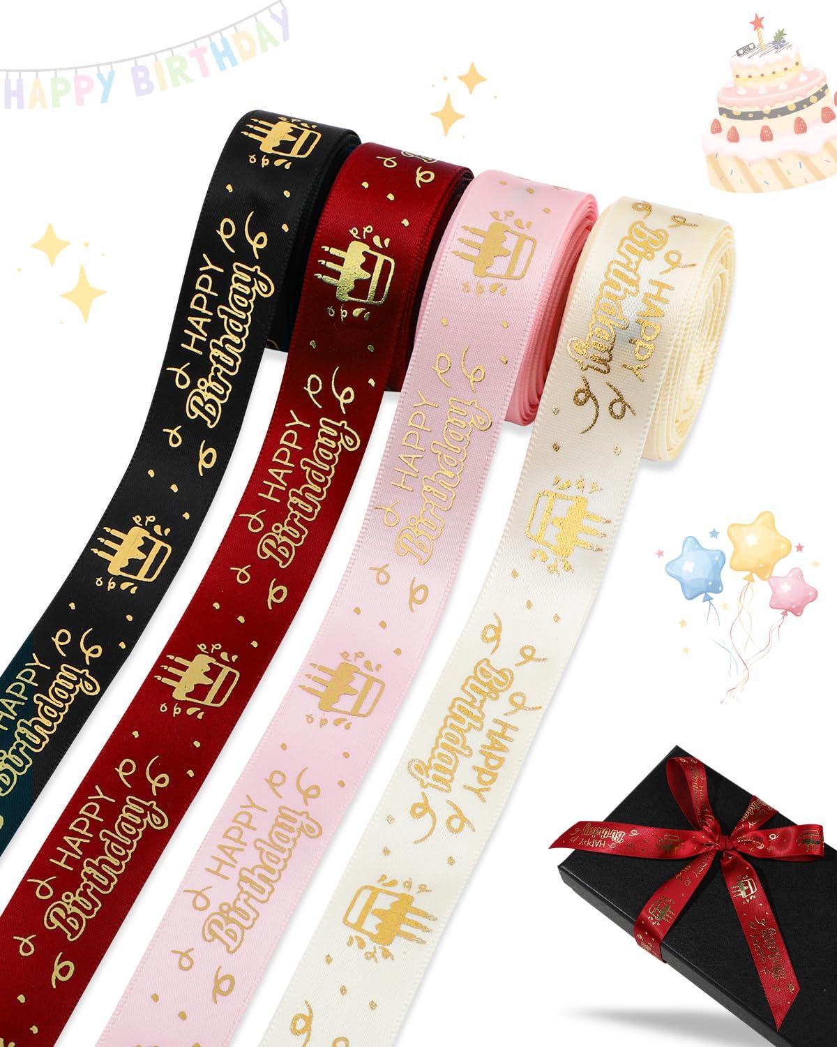Pineraap Pineraap 4 Rolls 20 Yards Happy Birthday Ribbon, 0.75 Inch Birthday Ribbon for Flower Bouquet, Gift Wrapping, Birthday Party Decoration