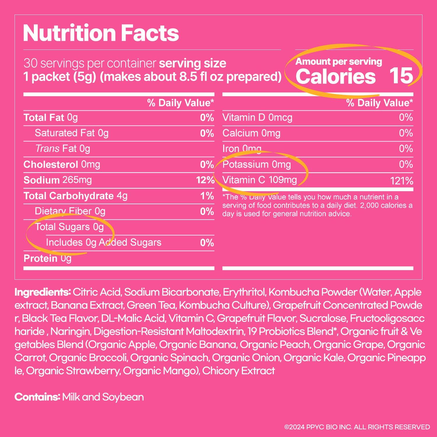 SUNMANC SUNMANC Kombucha 30 packets, Sparkling Probiotic Fermented Drink, Convenient Powdered Drink Mix, Tea Powder, Low Calories, Sugar 0g, Low Caffeine (Grapefruit)